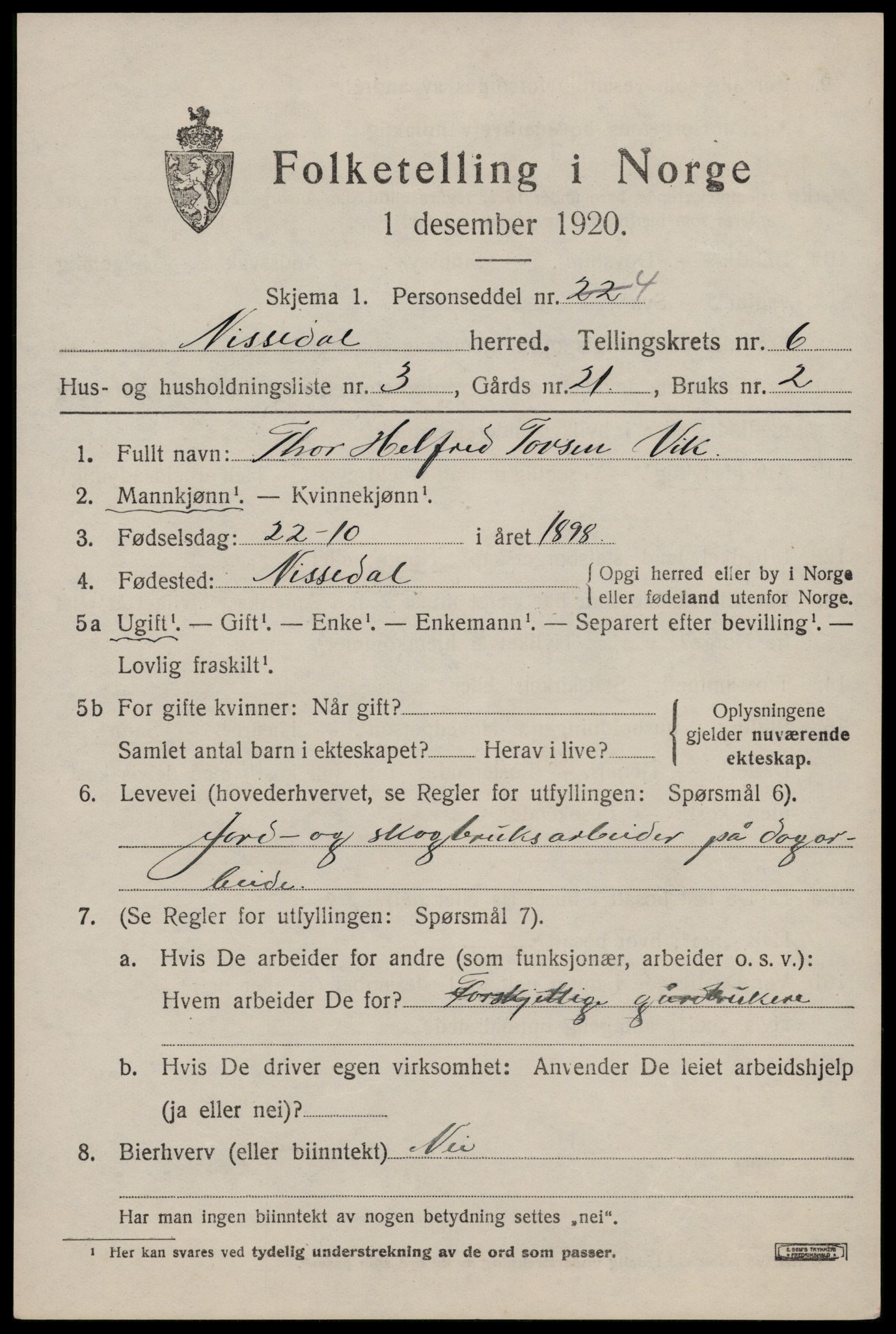 SAKO, Folketelling 1920 for 0830 Nissedal herred, 1920, s. 2313