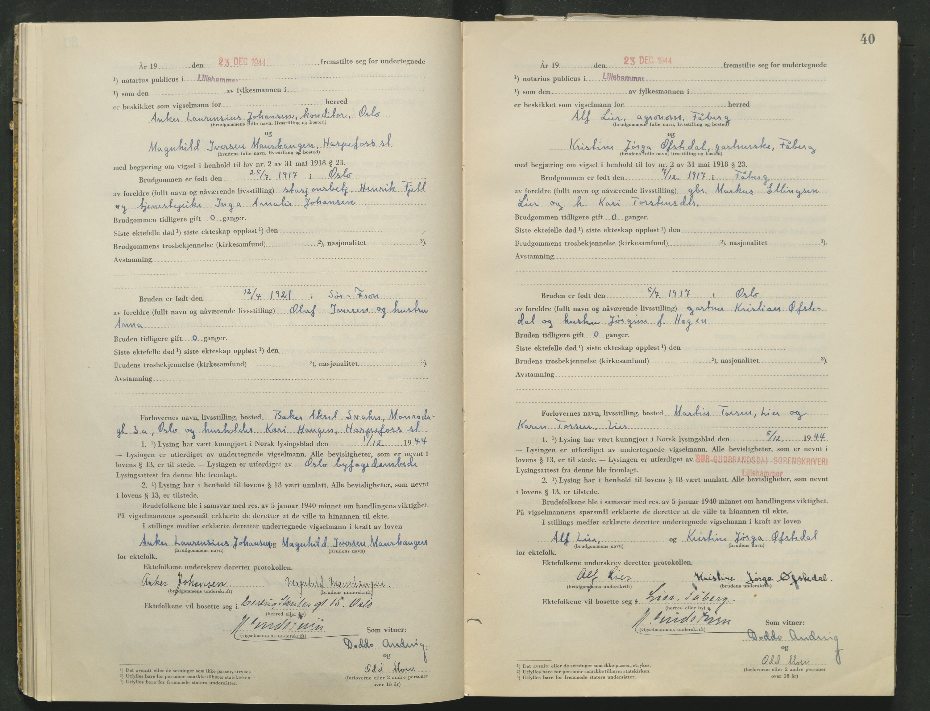 Sør-Gudbrandsdal tingrett, AV/SAH-TING-004/L/Lc/L0005: Vigselsprotokoll, 1944-1946, s. 40