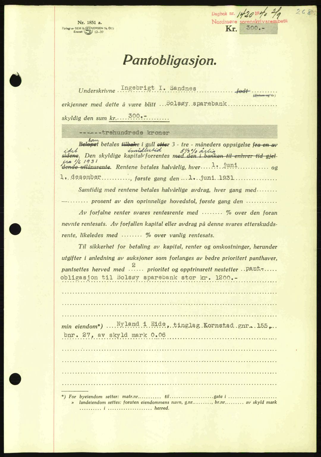 Nordmøre sorenskriveri, AV/SAT-A-4132/1/2/2Ca: Pantebok nr. B87, 1940-1941, Dagboknr: 1420/1940