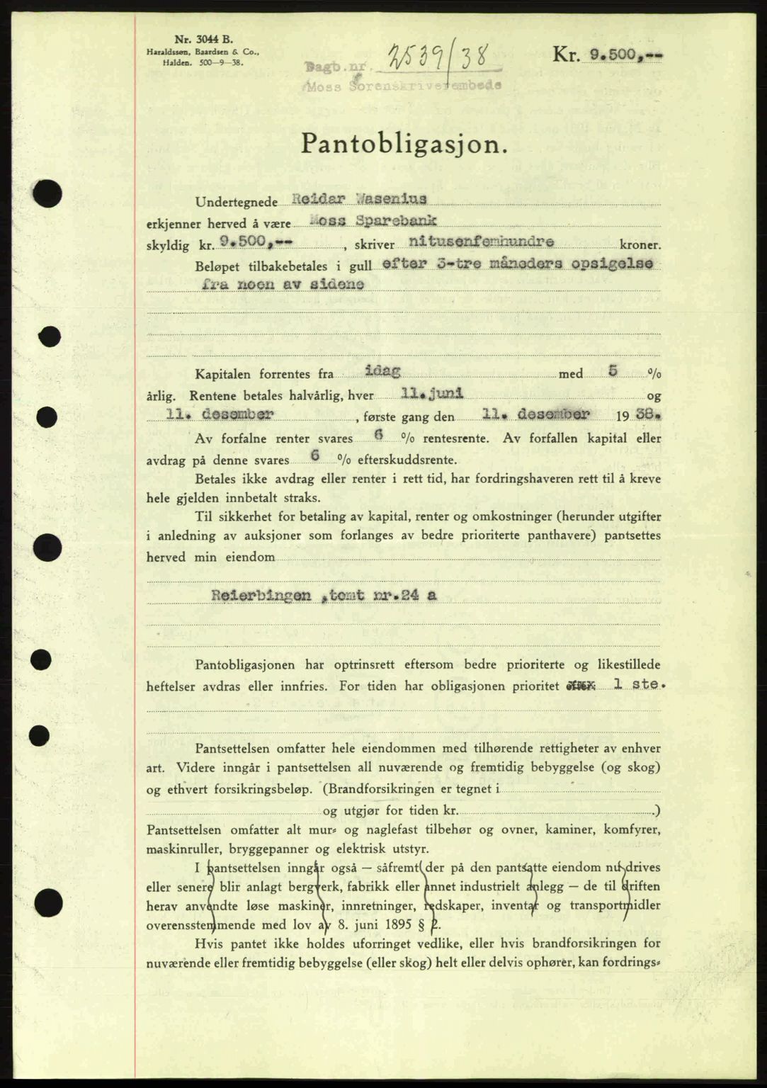 Moss sorenskriveri, SAO/A-10168: Pantebok nr. B6, 1938-1938, Dagboknr: 2539/1938