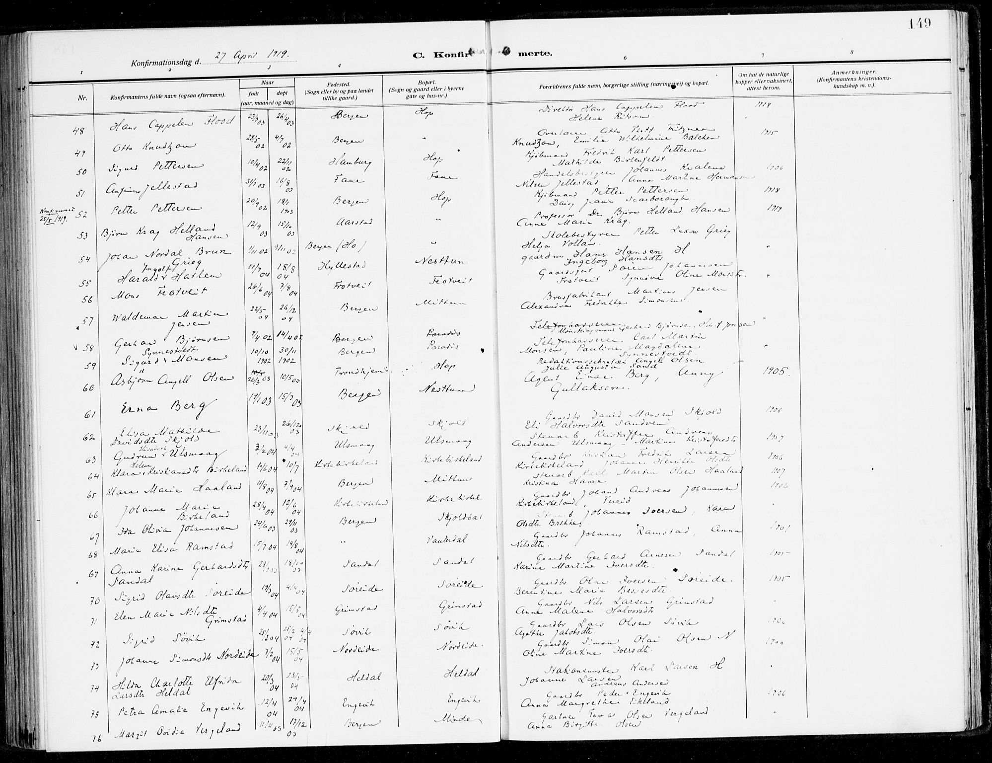 Fana Sokneprestembete, AV/SAB-A-75101/H/Haa/Haai/L0004: Ministerialbok nr. I 4, 1912-1933, s. 149