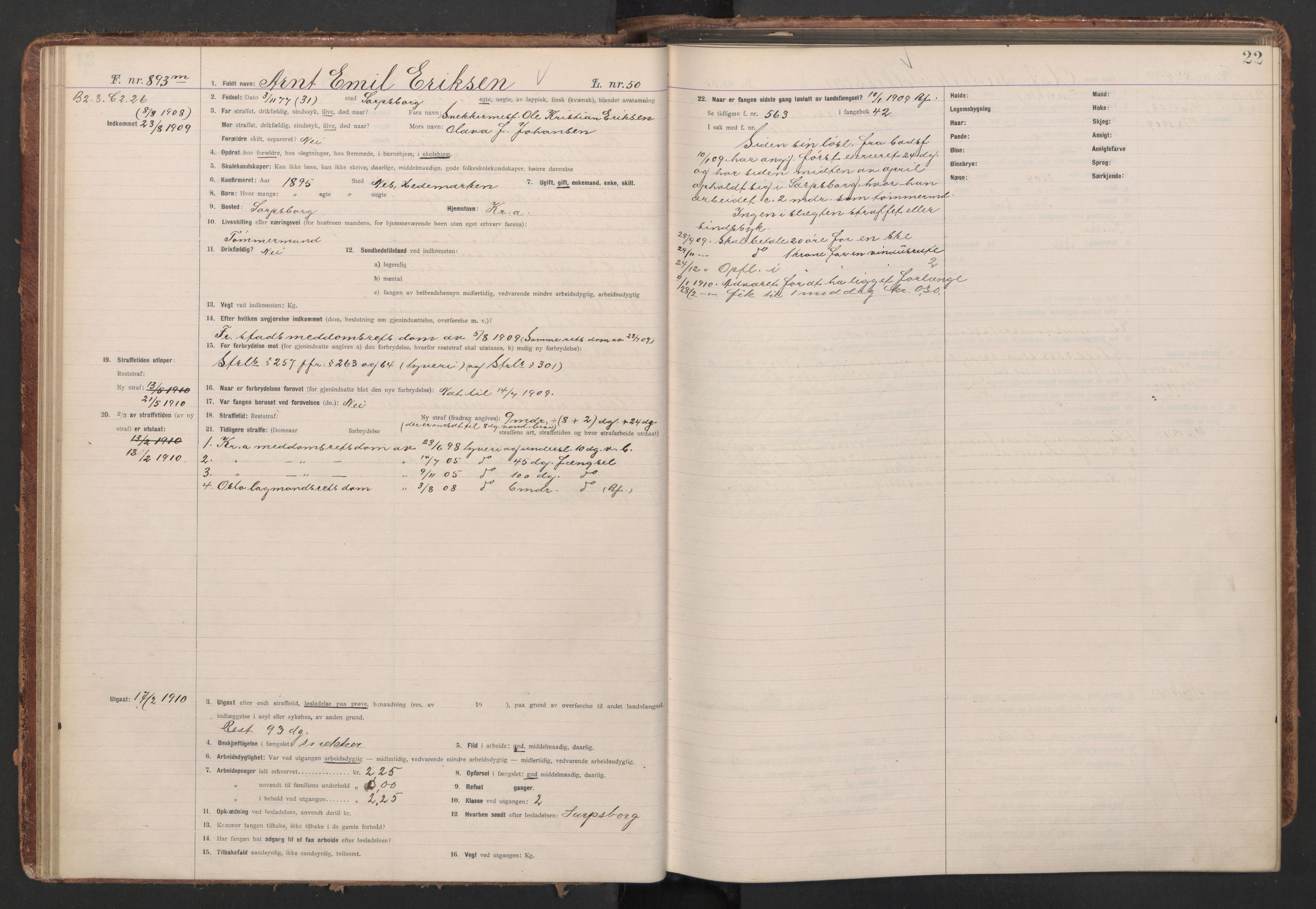 Botsfengslet, AV/RA-S-1539/D/Db/Dbb/L0043: 872m - 212n, 1909-1910, s. 22