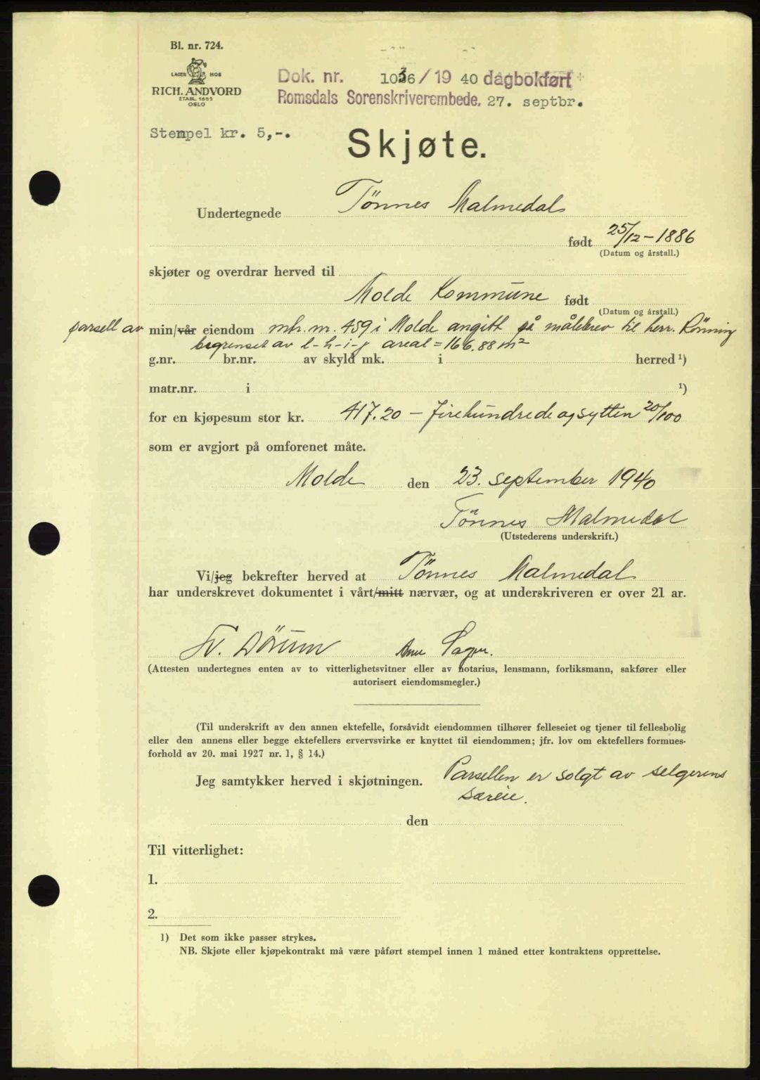 Romsdal sorenskriveri, AV/SAT-A-4149/1/2/2C: Pantebok nr. A8, 1939-1940, Dagboknr: 1036/1940