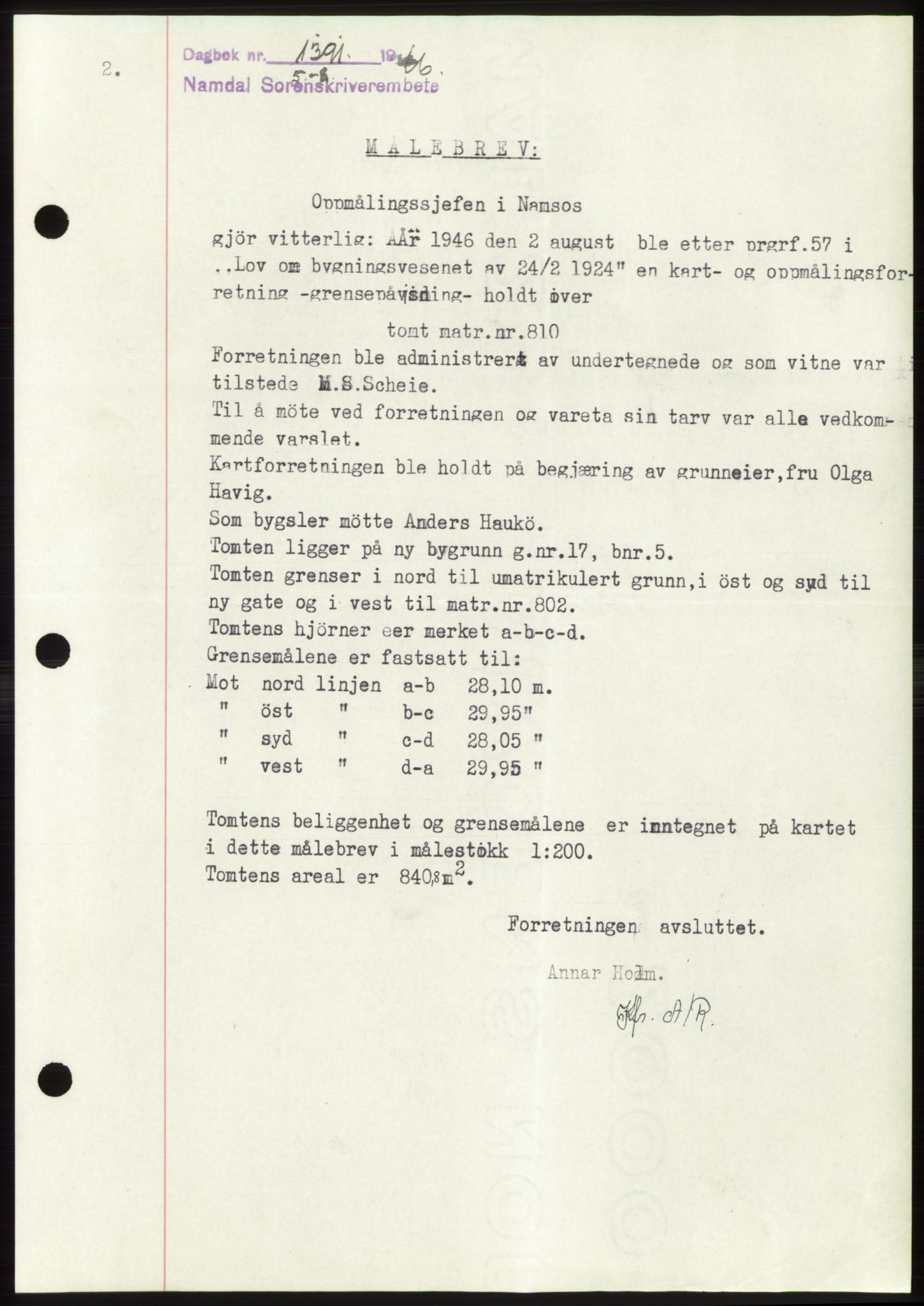 Namdal sorenskriveri, SAT/A-4133/1/2/2C: Pantebok nr. -, 1946-1946, Dagboknr: 1391/1946
