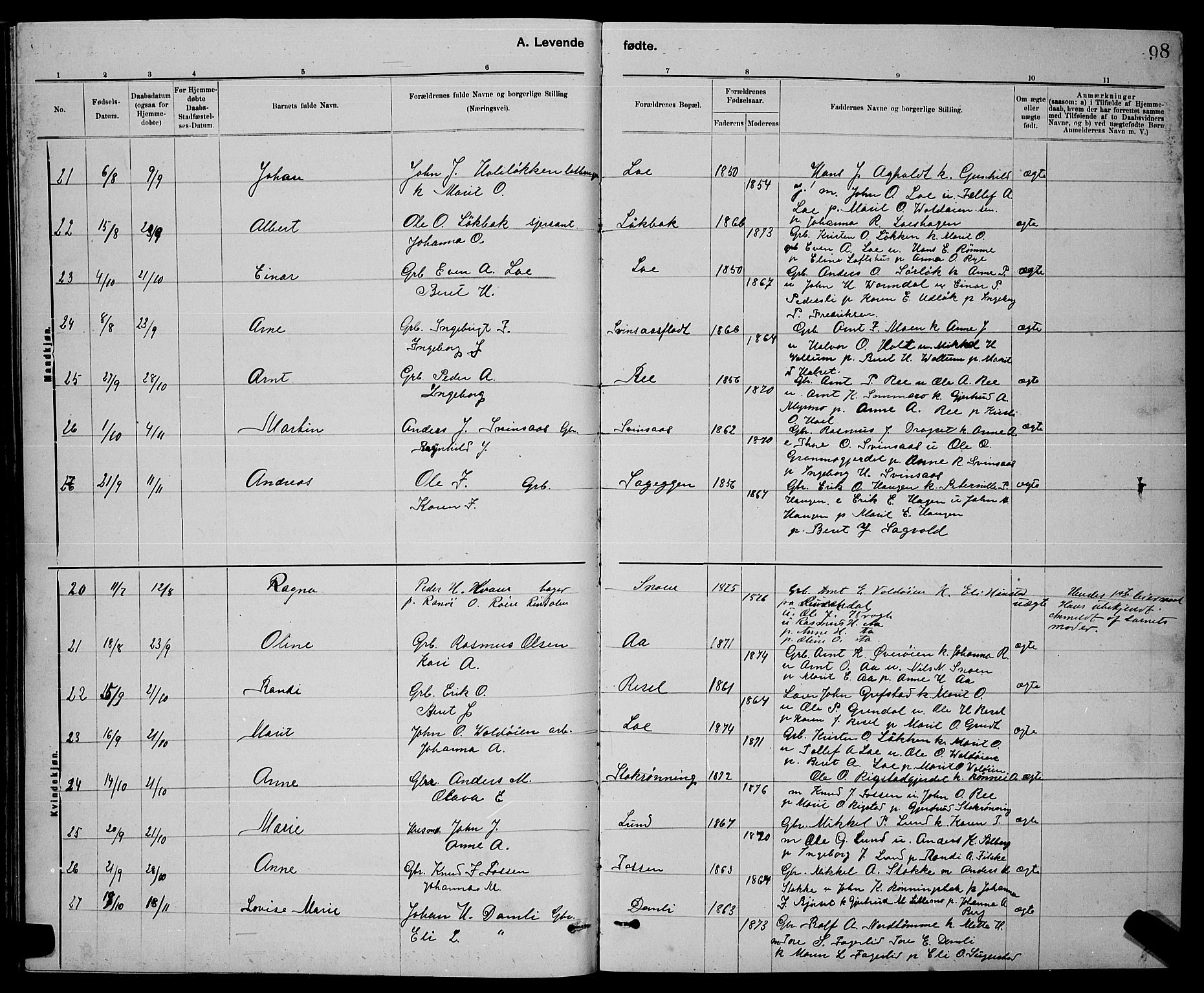 Ministerialprotokoller, klokkerbøker og fødselsregistre - Sør-Trøndelag, AV/SAT-A-1456/672/L0863: Klokkerbok nr. 672C02, 1888-1901, s. 98