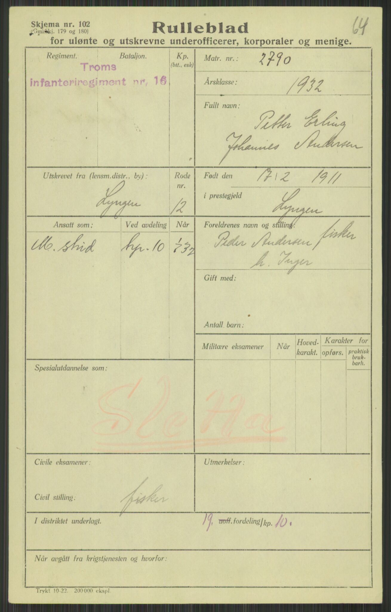 Forsvaret, Troms infanteriregiment nr. 16, AV/RA-RAFA-3146/P/Pa/L0016: Rulleblad for regimentets menige mannskaper, årsklasse 1932, 1932, s. 23