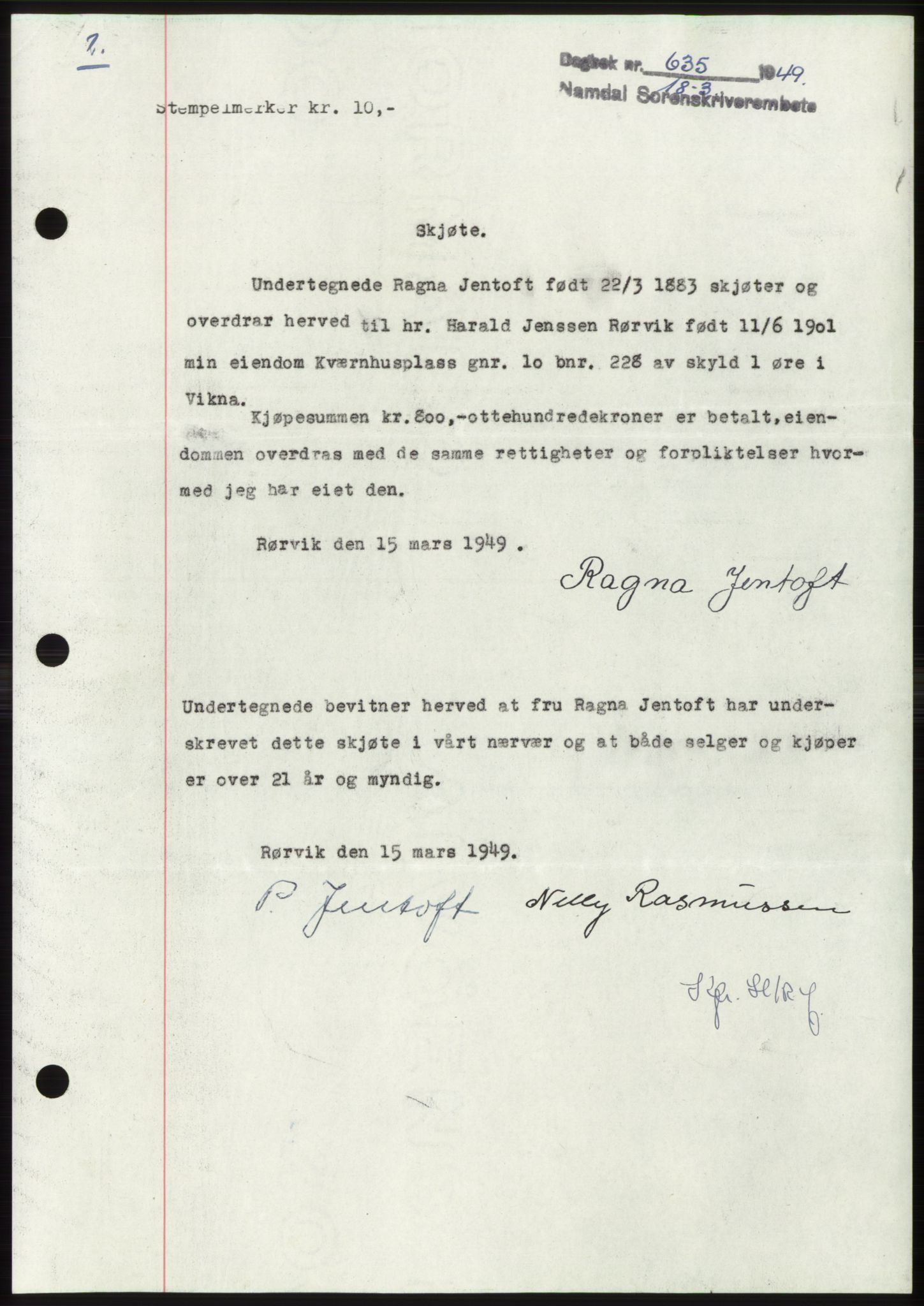 Namdal sorenskriveri, SAT/A-4133/1/2/2C: Pantebok nr. -, 1949-1949, Dagboknr: 635/1949