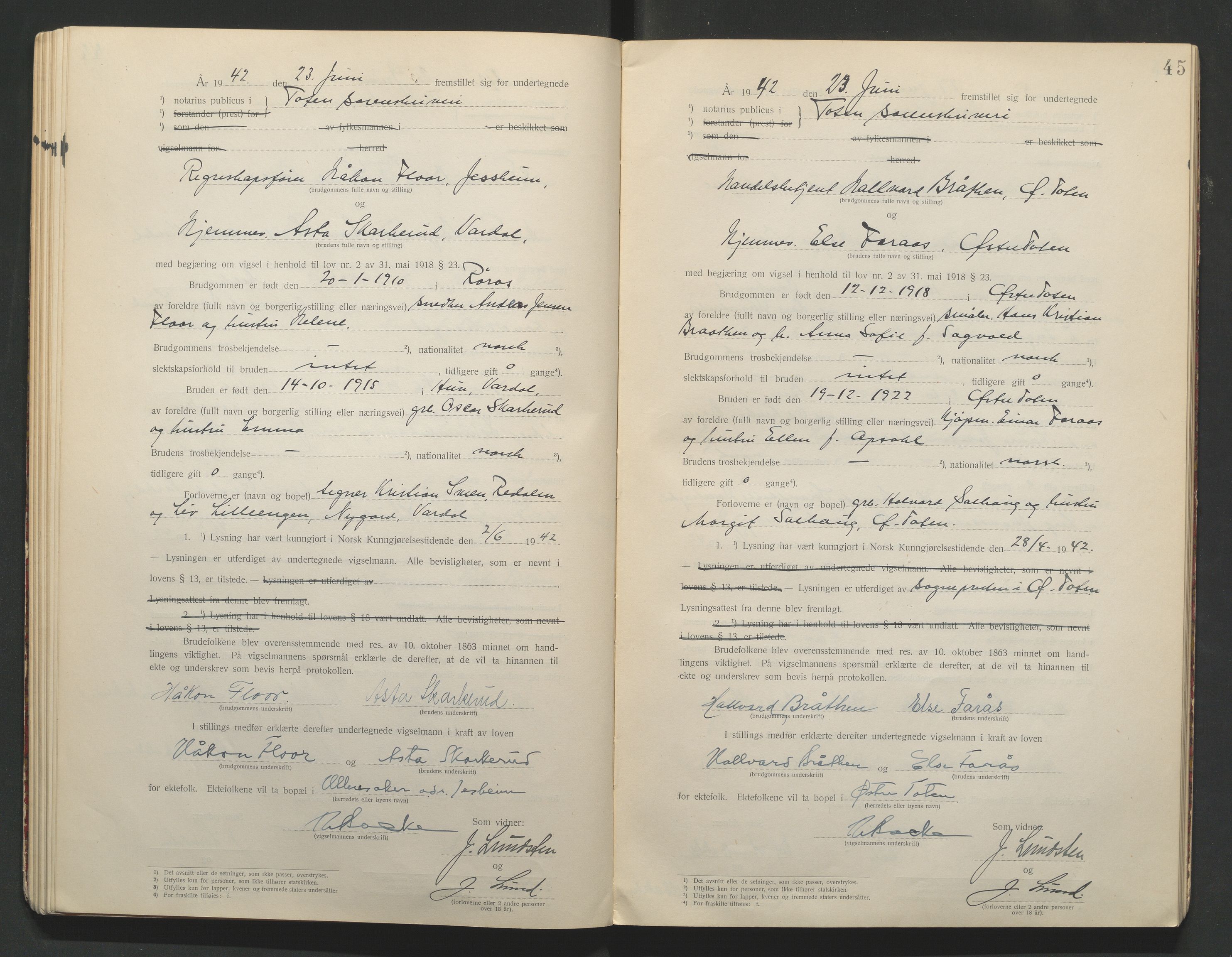 Toten tingrett, AV/SAH-TING-006/L/Lc/L0001: Vigselbok, 1920-1942, s. 45
