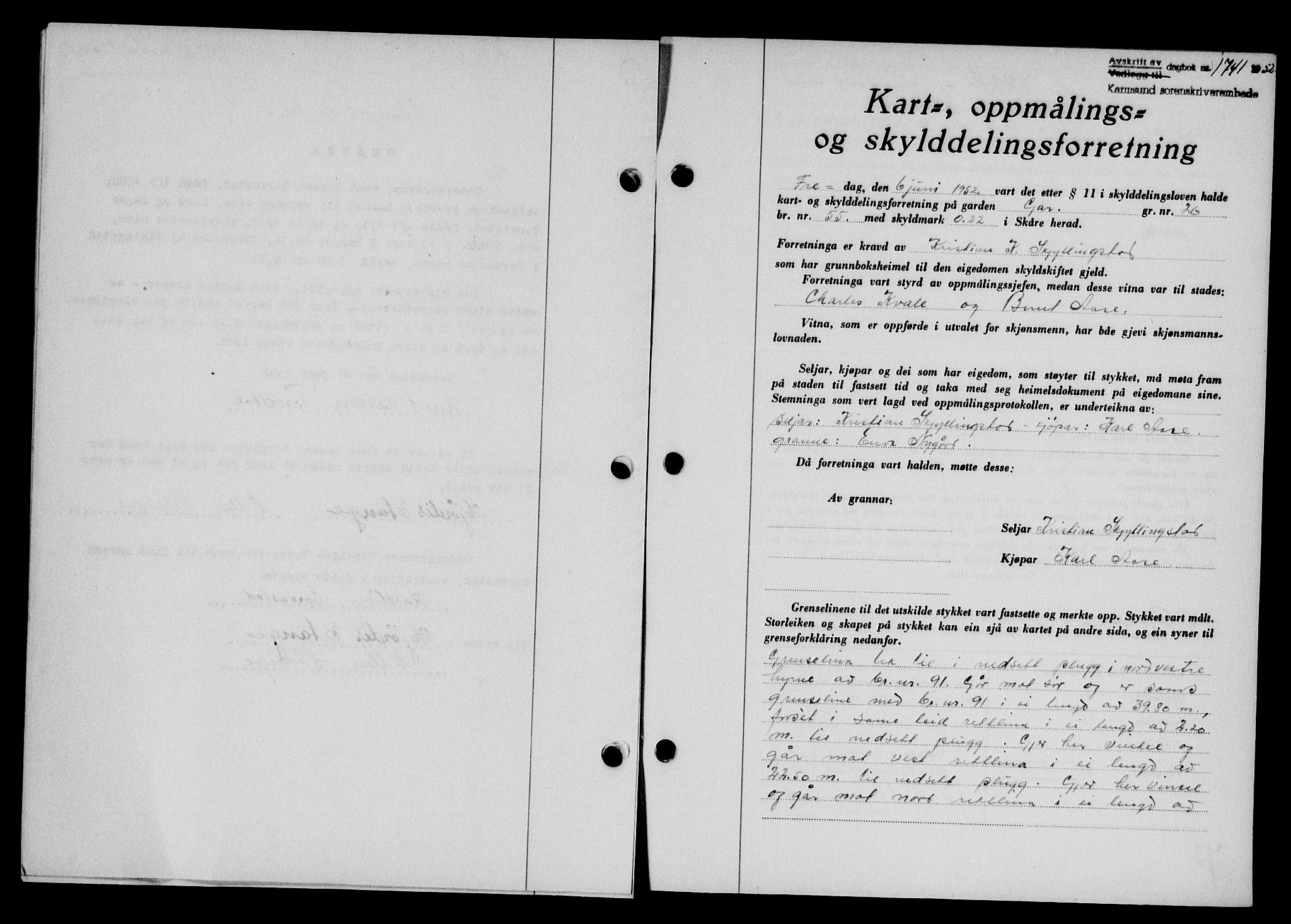 Karmsund sorenskriveri, SAST/A-100311/01/II/IIB/L0105: Pantebok nr. 85A, 1952-1952, Dagboknr: 1741/1952