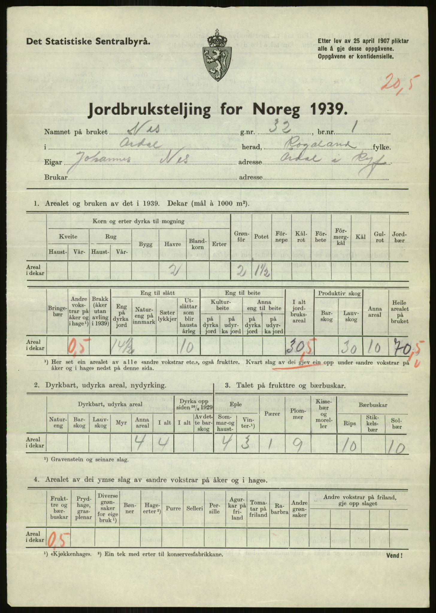 Statistisk sentralbyrå, Næringsøkonomiske emner, Jordbruk, skogbruk, jakt, fiske og fangst, AV/RA-S-2234/G/Gb/L0184: Rogaland: Årdal, Fister og Hjelmeland, 1939, s. 607