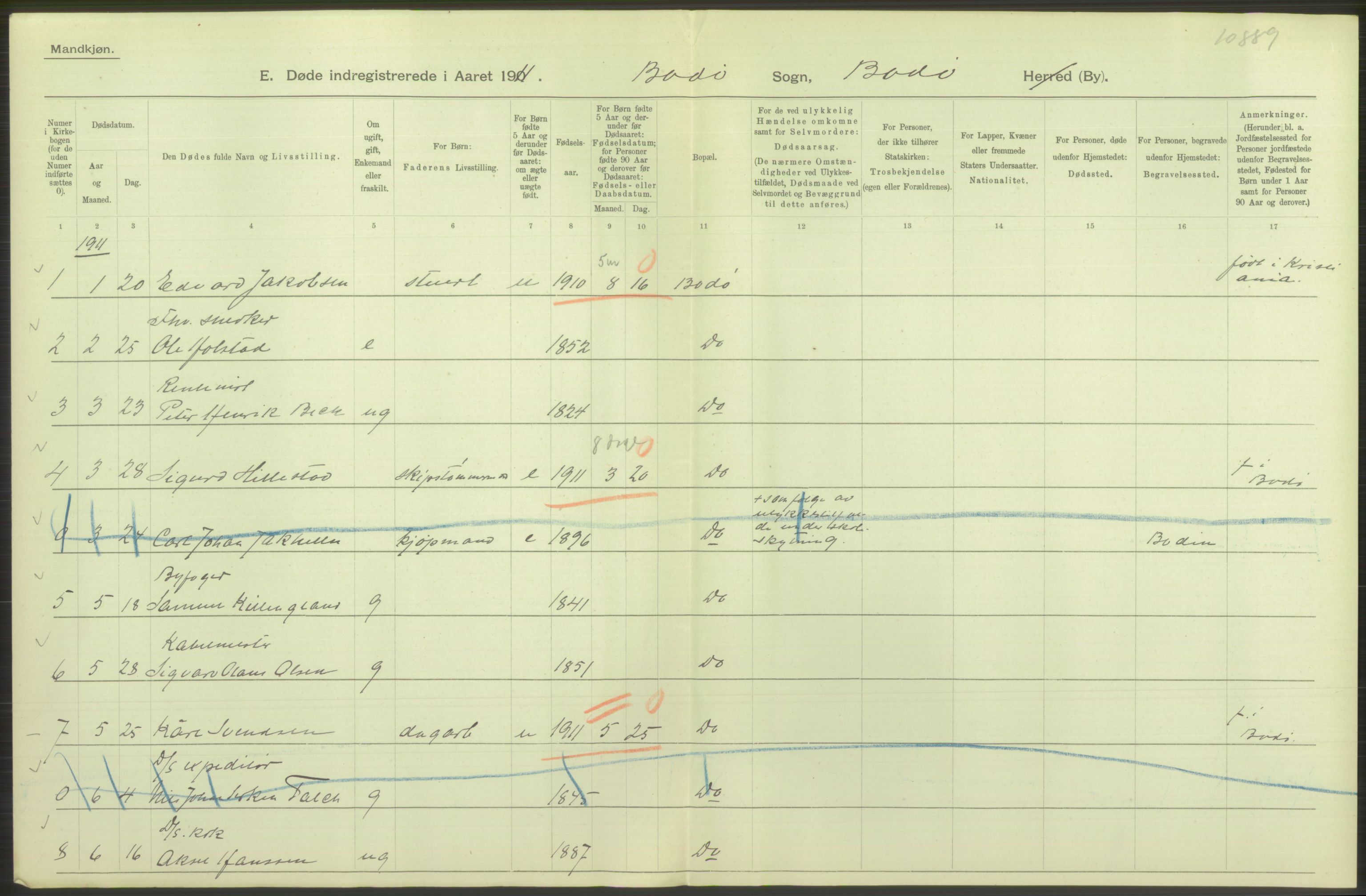 Statistisk sentralbyrå, Sosiodemografiske emner, Befolkning, RA/S-2228/D/Df/Dfb/Dfba/L0046: Nordlands amt:  Døde, dødfødte. Bygder og byer., 1911, s. 36