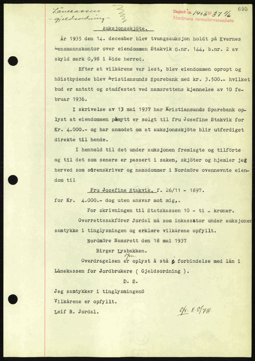 Nordmøre sorenskriveri, SAT/A-4132/1/2/2Ca: Pantebok nr. A81, 1937-1937, Dagboknr: 1456/1937