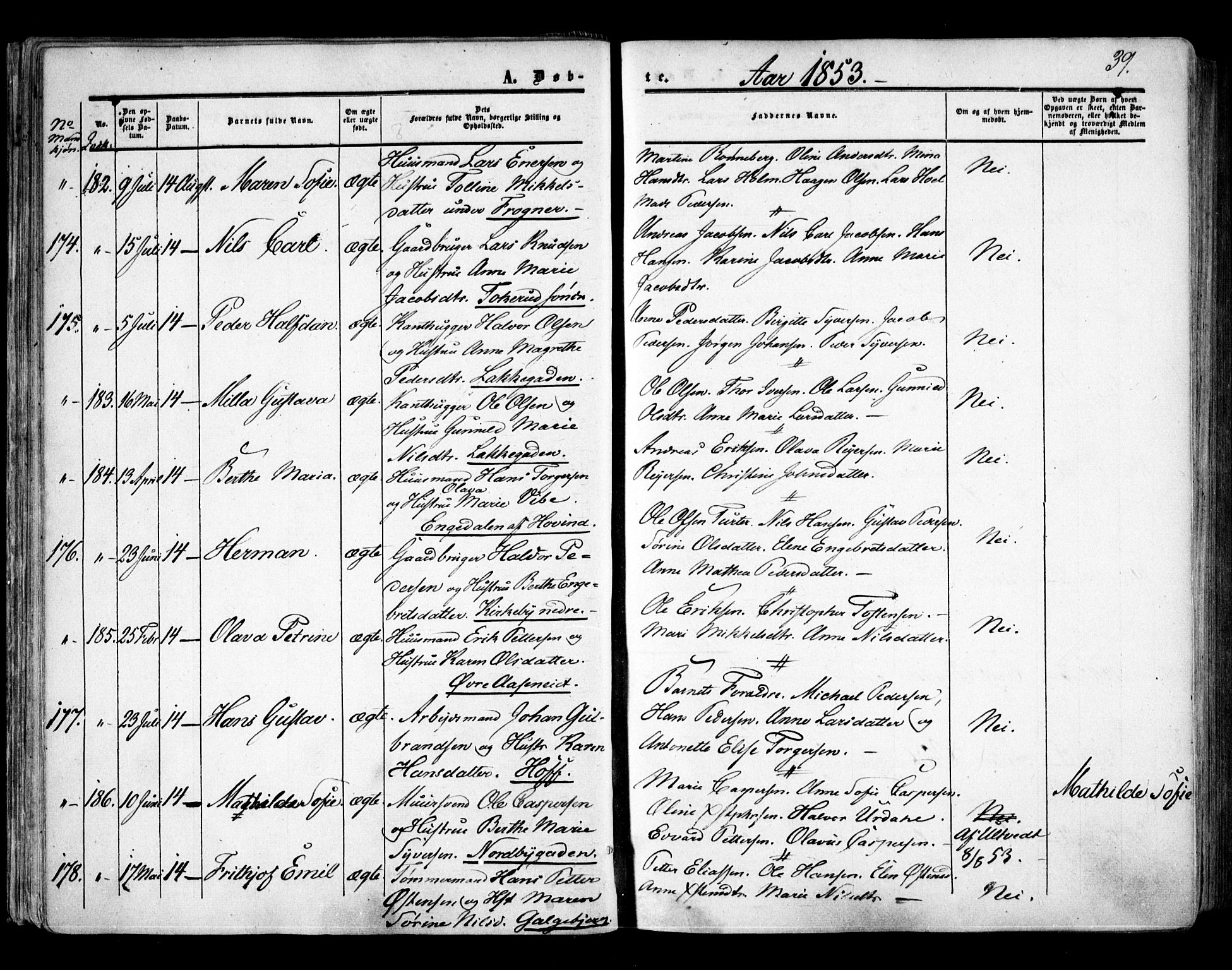 Aker prestekontor kirkebøker, AV/SAO-A-10861/F/L0020: Ministerialbok nr. 20, 1853-1857, s. 39