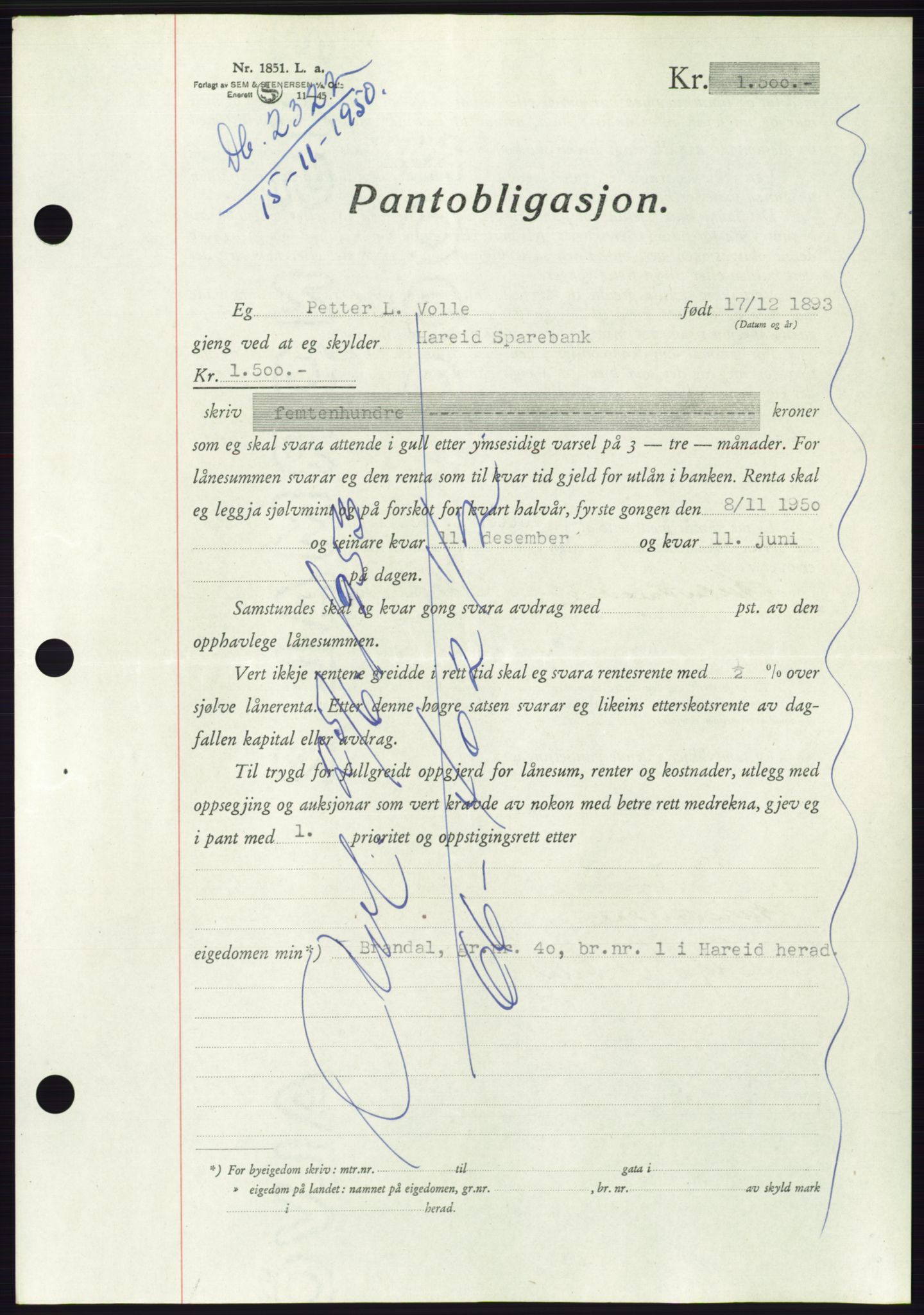 Søre Sunnmøre sorenskriveri, SAT/A-4122/1/2/2C/L0119: Pantebok nr. 7B, 1950-1951, Dagboknr: 2322/1950