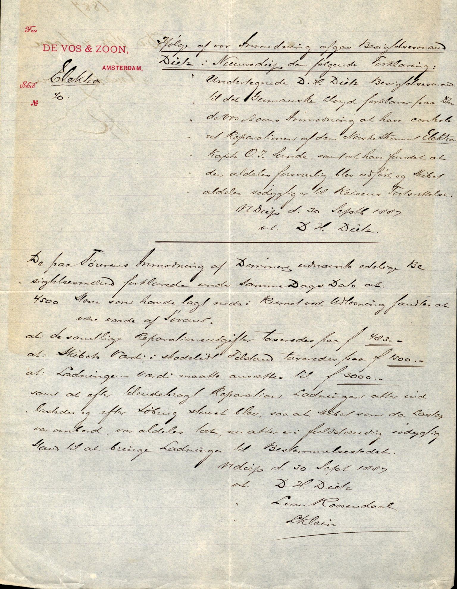 Pa 63 - Østlandske skibsassuranceforening, VEMU/A-1079/G/Ga/L0020/0009: Havaridokumenter / Atlanta, Britania, Electra, Schadberg, 1887, s. 9