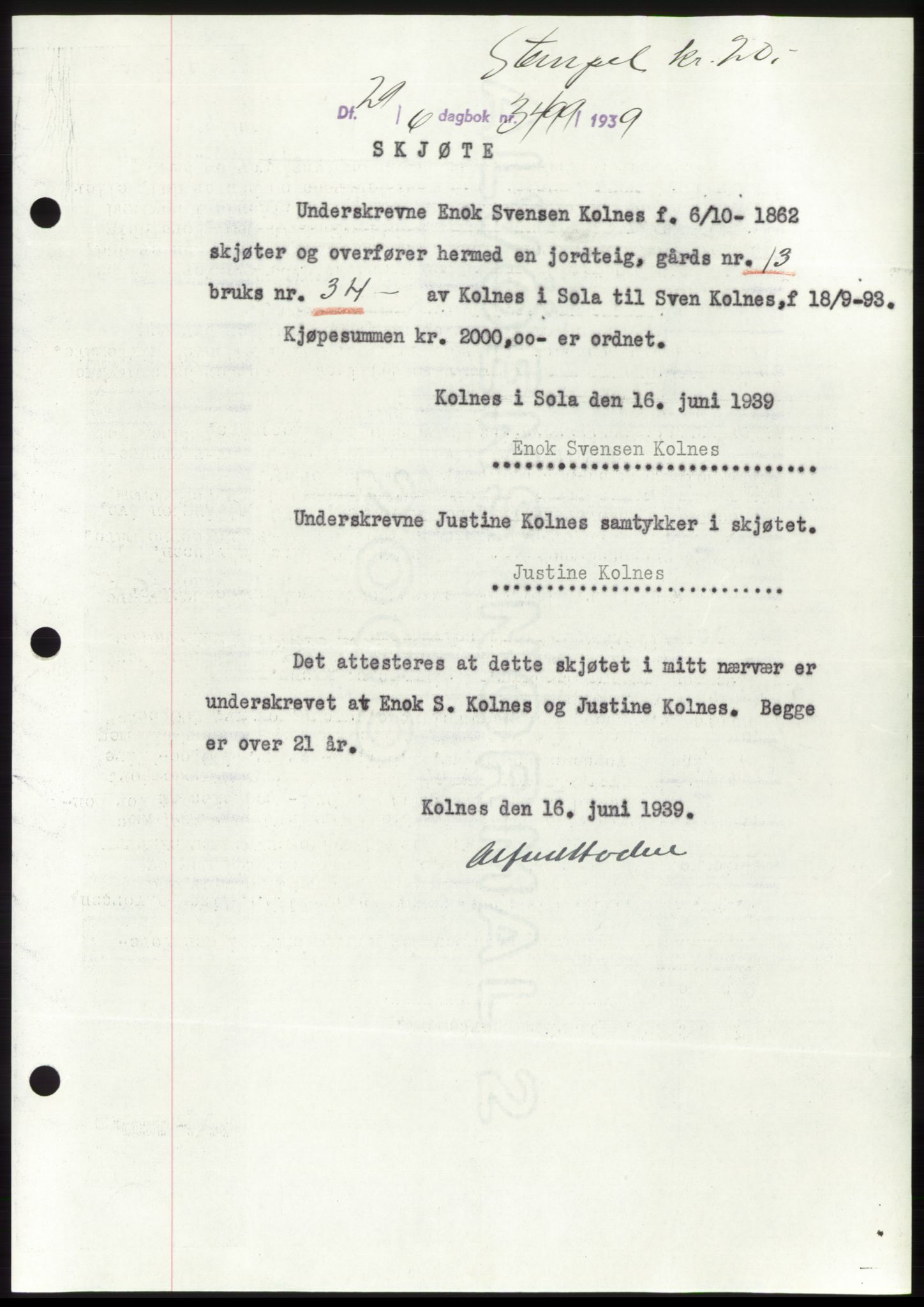 Jæren sorenskriveri, SAST/A-100310/03/G/Gba/L0074: Pantebok, 1939-1939, Dagboknr: 3499/1939
