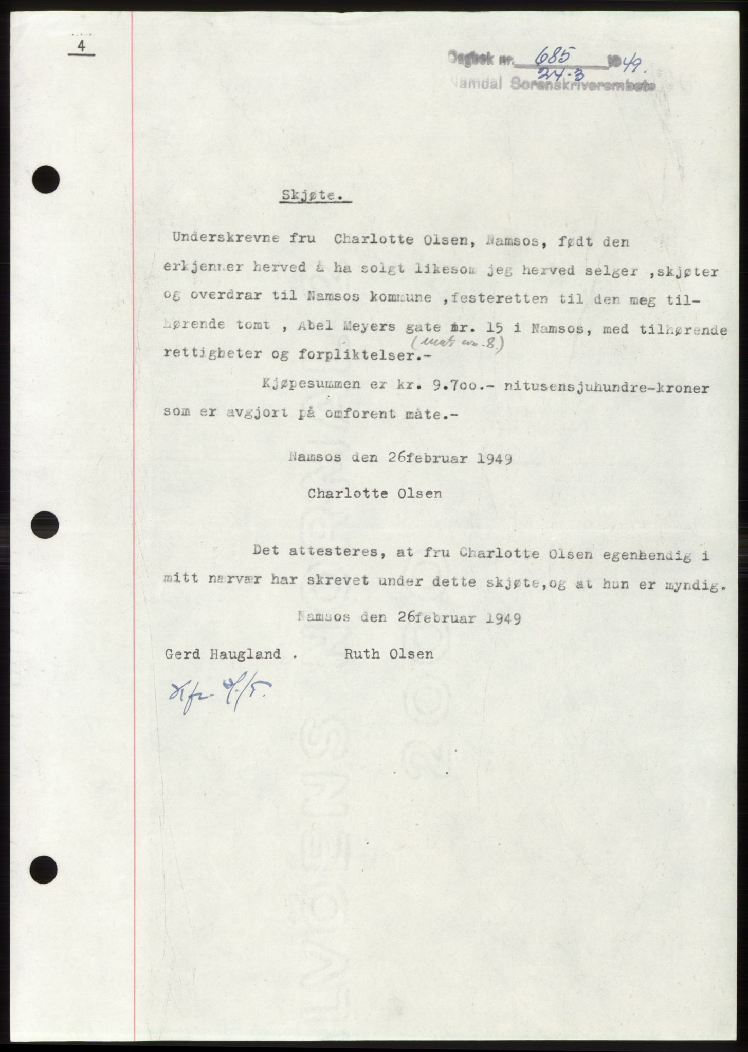 Namdal sorenskriveri, SAT/A-4133/1/2/2C: Pantebok nr. -, 1949-1949, Dagboknr: 685/1949