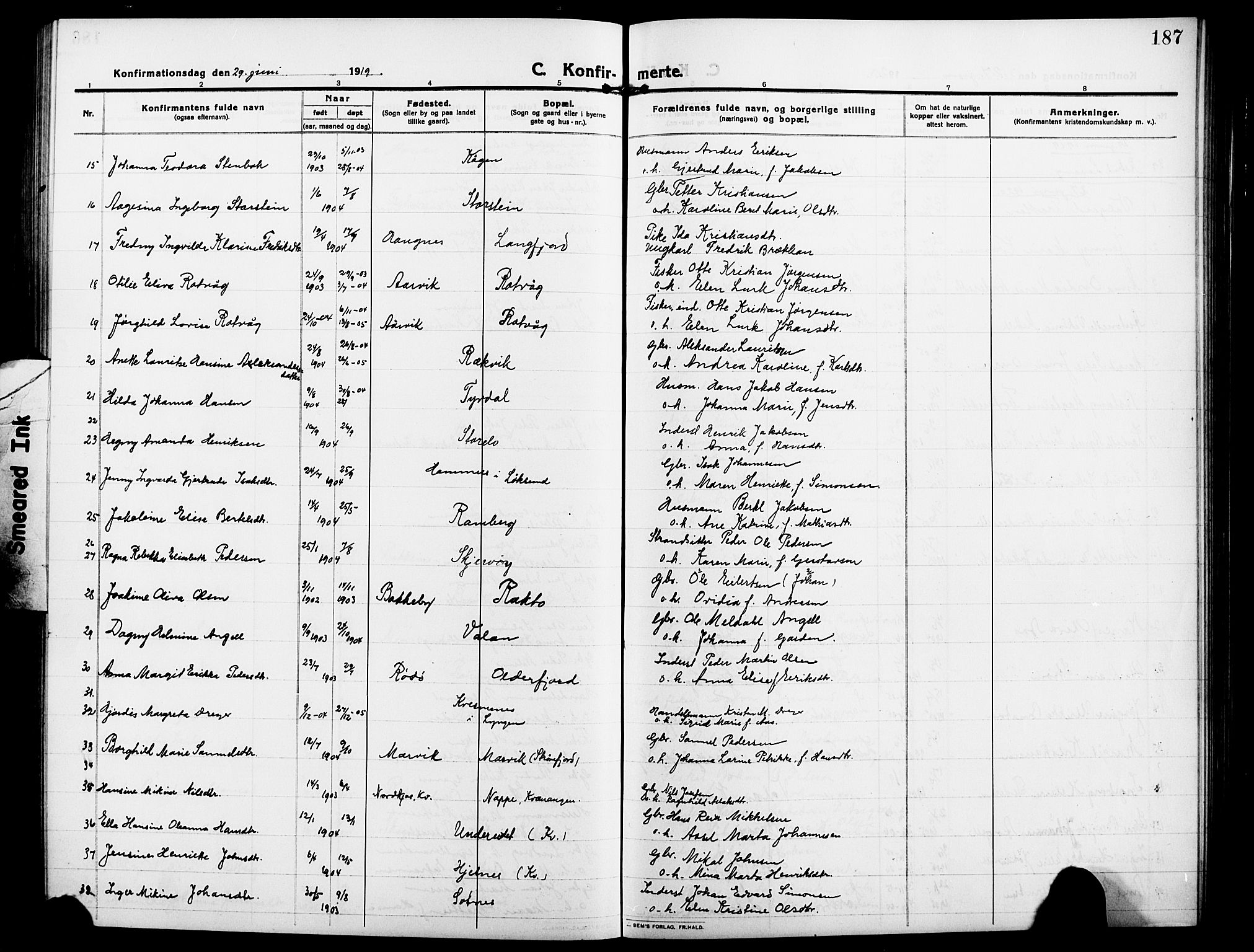 Skjervøy sokneprestkontor, AV/SATØ-S-1300/H/Ha/Hab/L0009klokker: Klokkerbok nr. 9, 1911-1926, s. 187