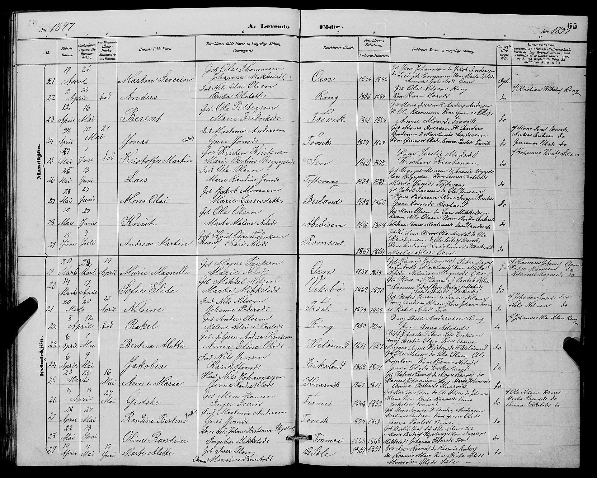 Herdla Sokneprestembete, AV/SAB-A-75701/H/Hab: Klokkerbok nr. A 3, 1889-1899, s. 65