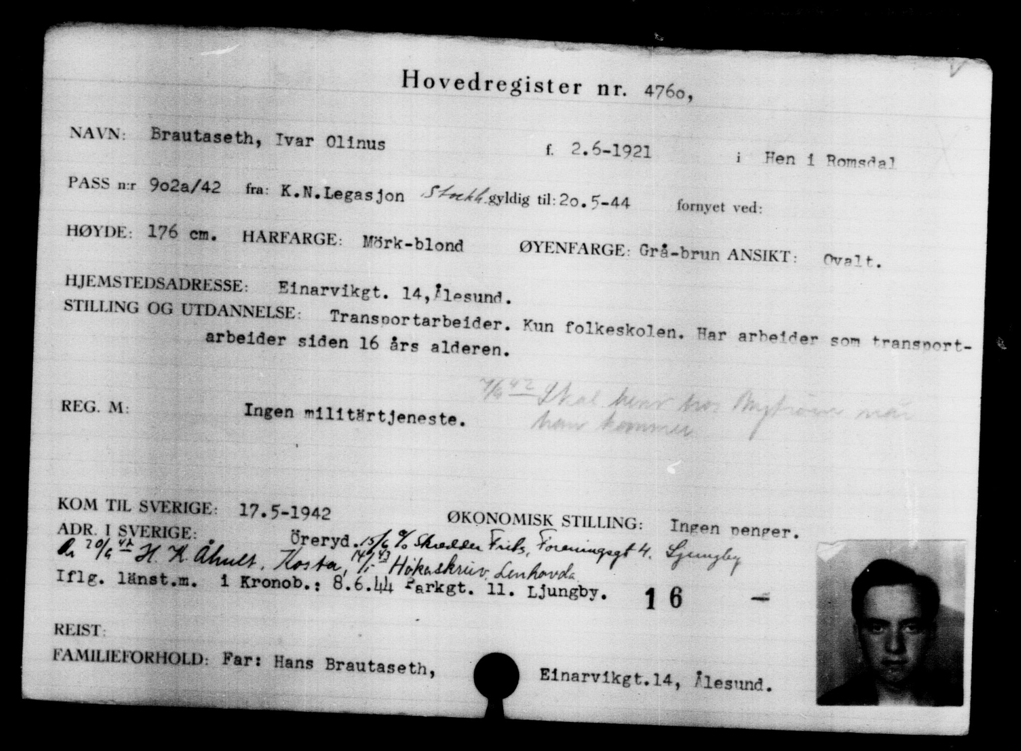 Utenriksstasjonene, Legasjonen i Stockholm, Flyktningkontoret, AV/RA-S-6753/V/Va/L0004: Kjesäterkartoteket, flyktninger med registreringsnr. 3496-6610, 1940-1945, s. 1494
