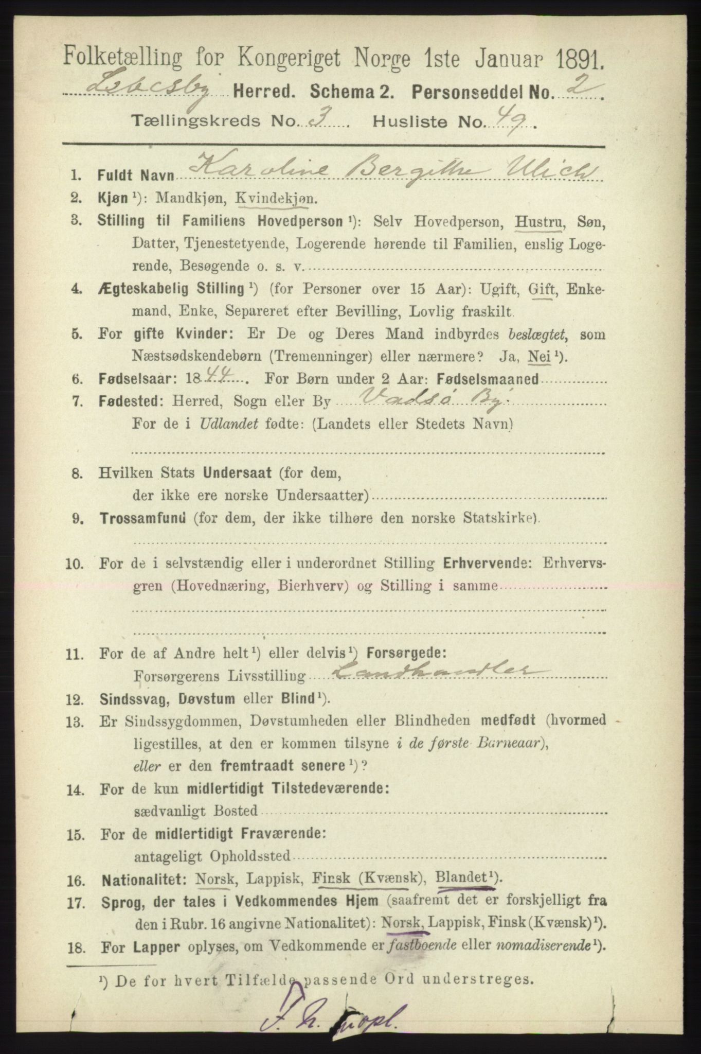 RA, Folketelling 1891 for 2022 Lebesby herred, 1891, s. 1036