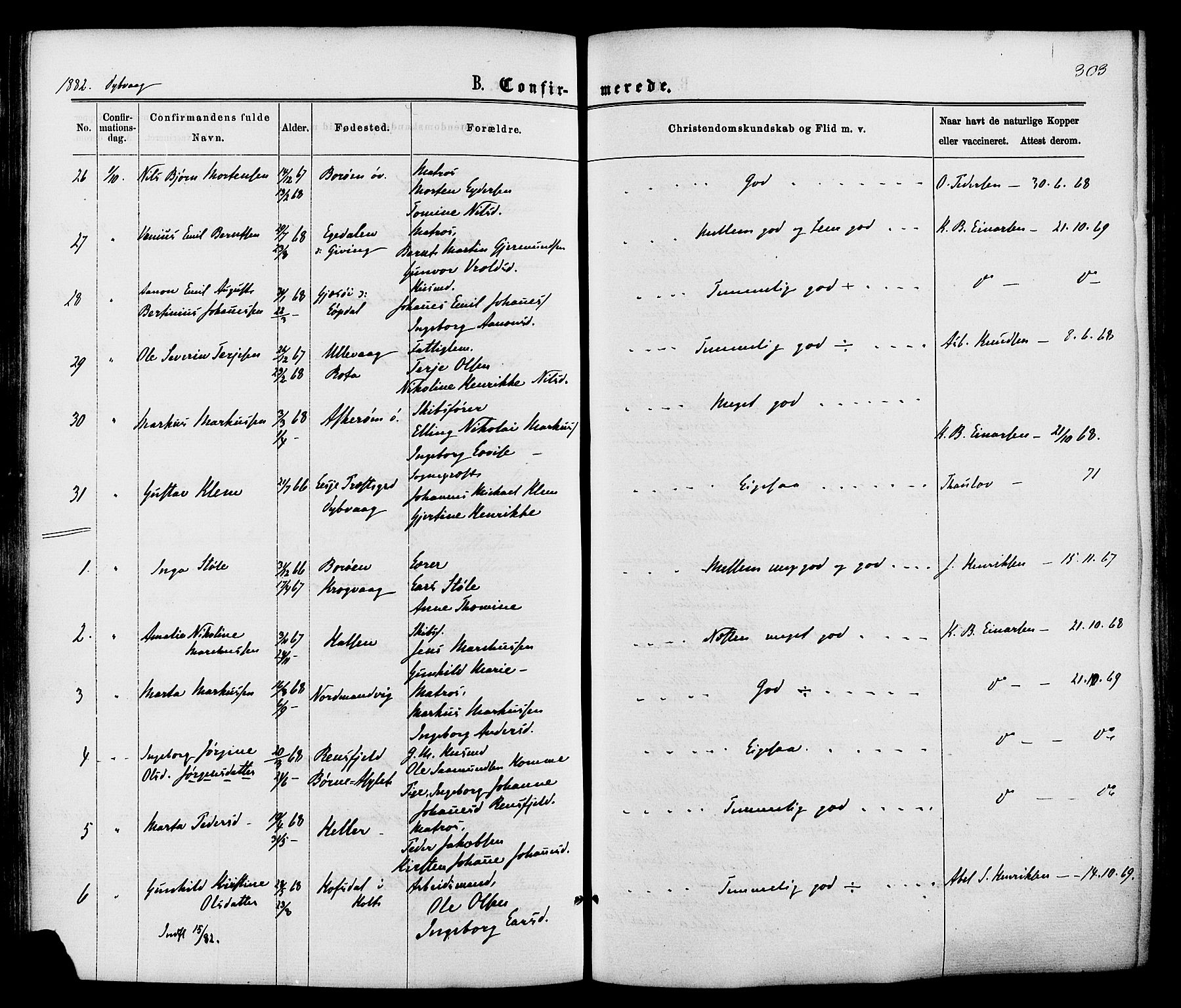 Dypvåg sokneprestkontor, AV/SAK-1111-0007/F/Fa/Faa/L0007: Ministerialbok nr. A 7/ 1, 1872-1884, s. 303