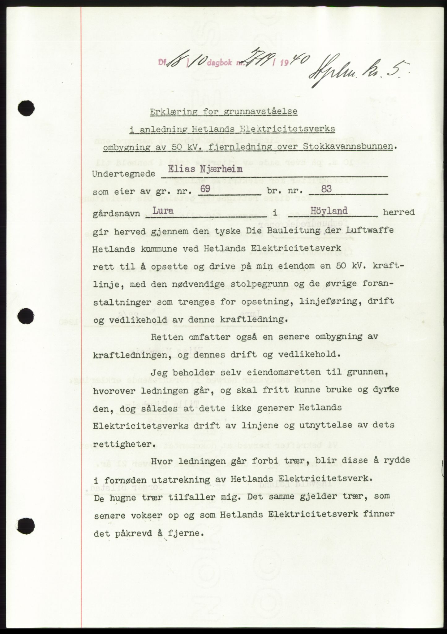 Jæren sorenskriveri, SAST/A-100310/03/G/Gba/L0078: Pantebok, 1940-1940, Dagboknr: 2719/1940