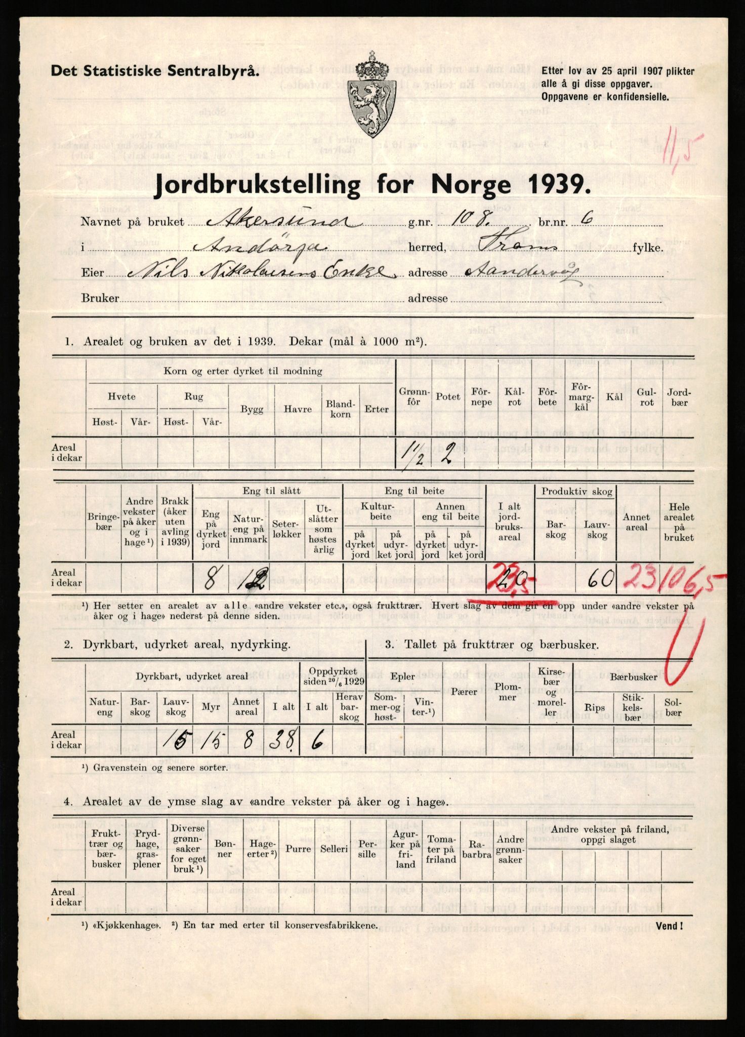 Statistisk sentralbyrå, Næringsøkonomiske emner, Jordbruk, skogbruk, jakt, fiske og fangst, AV/RA-S-2234/G/Gb/L0339: Troms: Andørja, Astafjord og Lavangen, 1939, s. 647