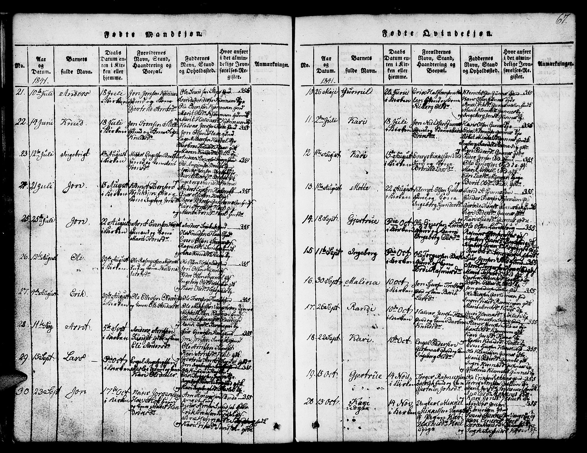 Ministerialprotokoller, klokkerbøker og fødselsregistre - Sør-Trøndelag, AV/SAT-A-1456/674/L0874: Klokkerbok nr. 674C01, 1816-1860, s. 67