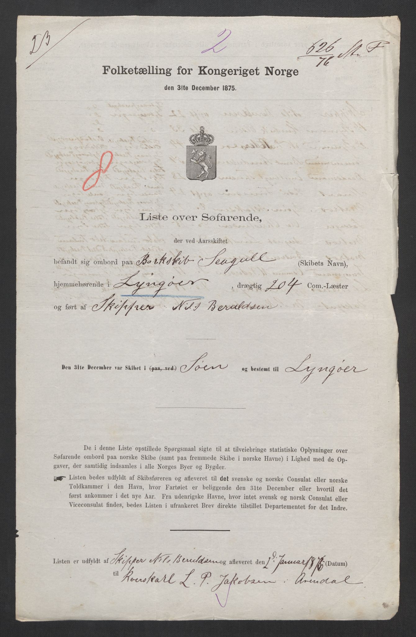 RA, Folketelling 1875, skipslister: Skip i innenrikske havner, hjemmehørende i 1) landdistrikter, 2) forskjellige steder, 3) utlandet, 1875, s. 38