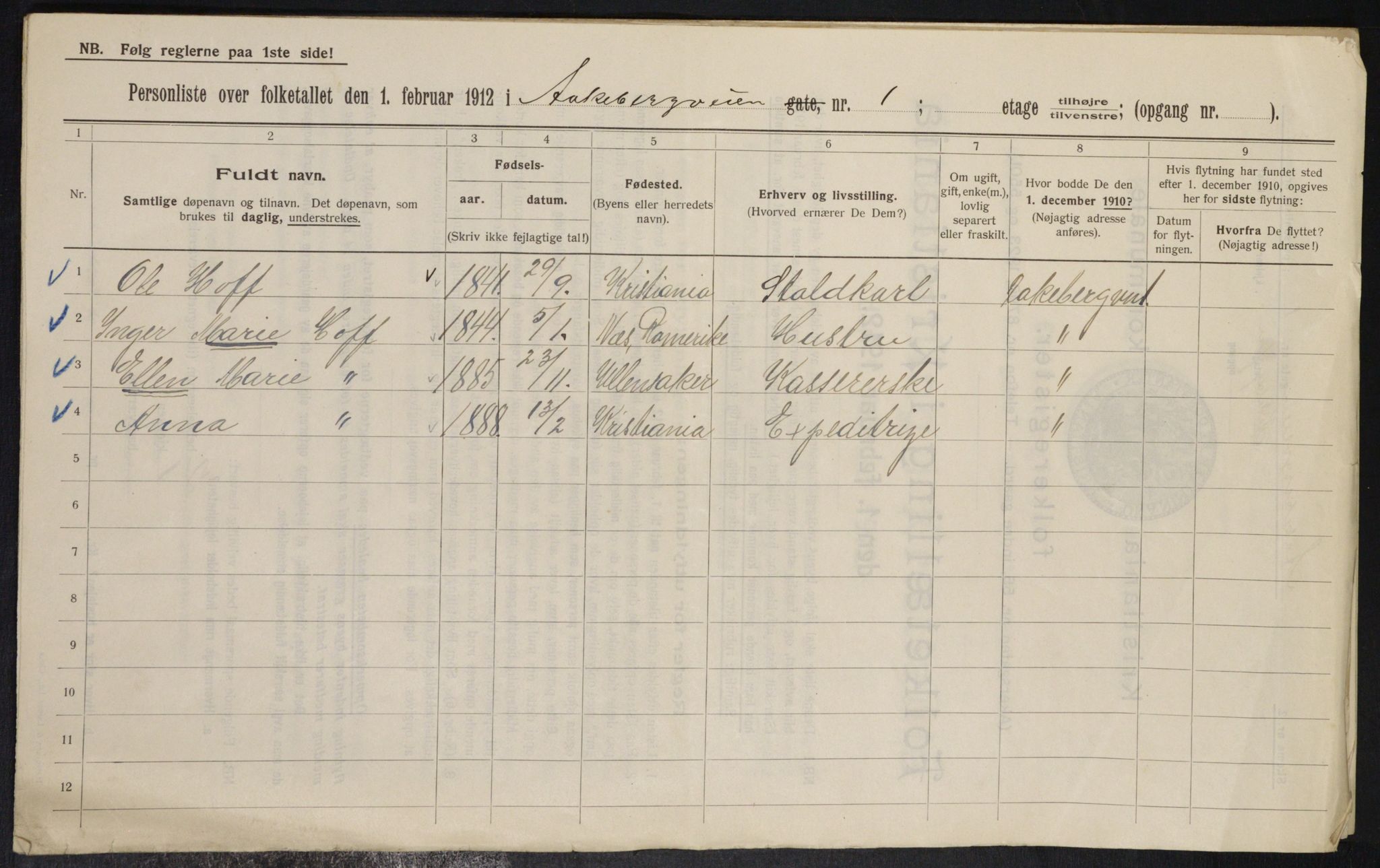 OBA, Kommunal folketelling 1.2.1912 for Kristiania, 1912, s. 130319