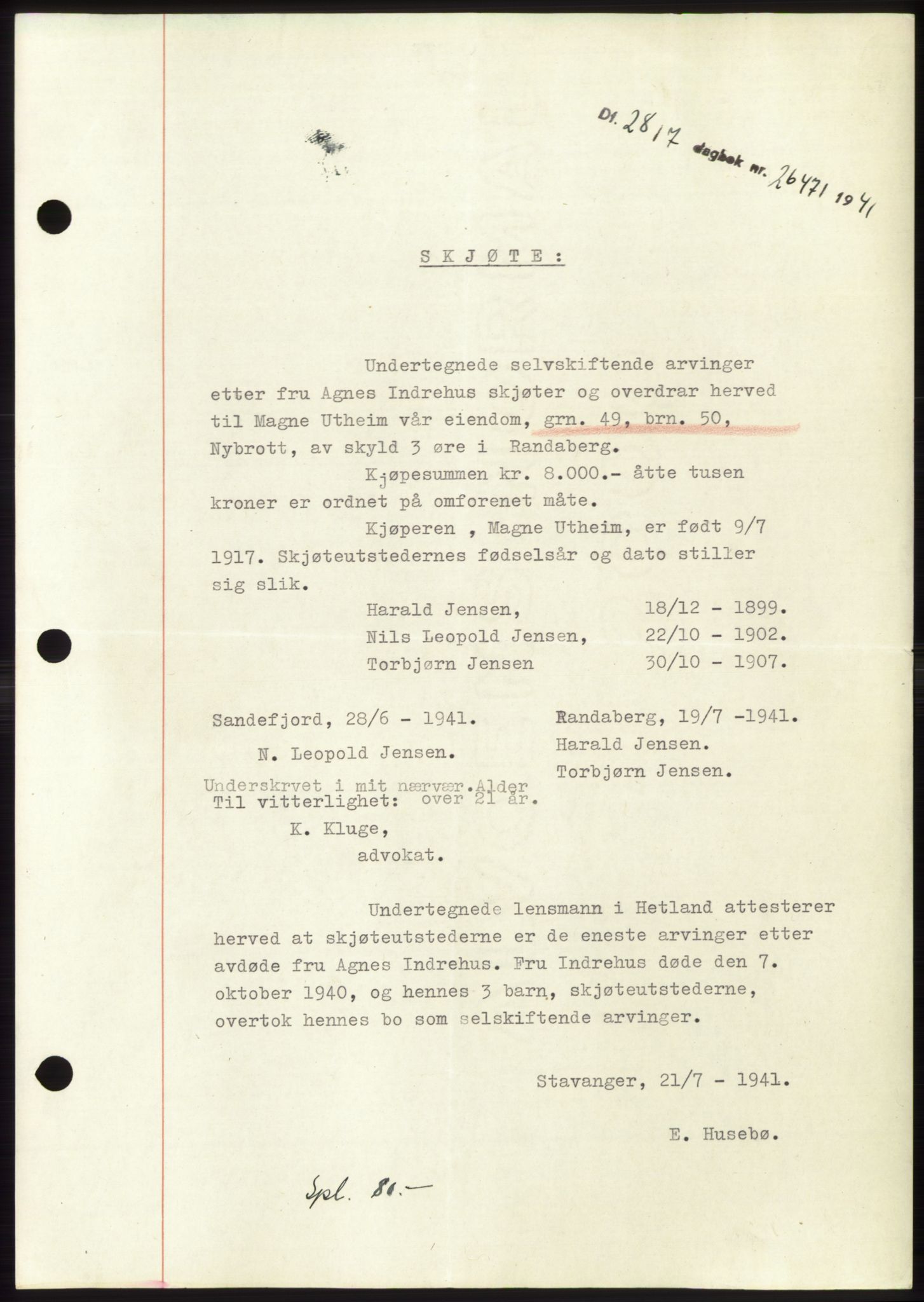 Jæren sorenskriveri, SAST/A-100310/03/G/Gba/L0080: Pantebok, 1941-1941, Dagboknr: 2647/1941