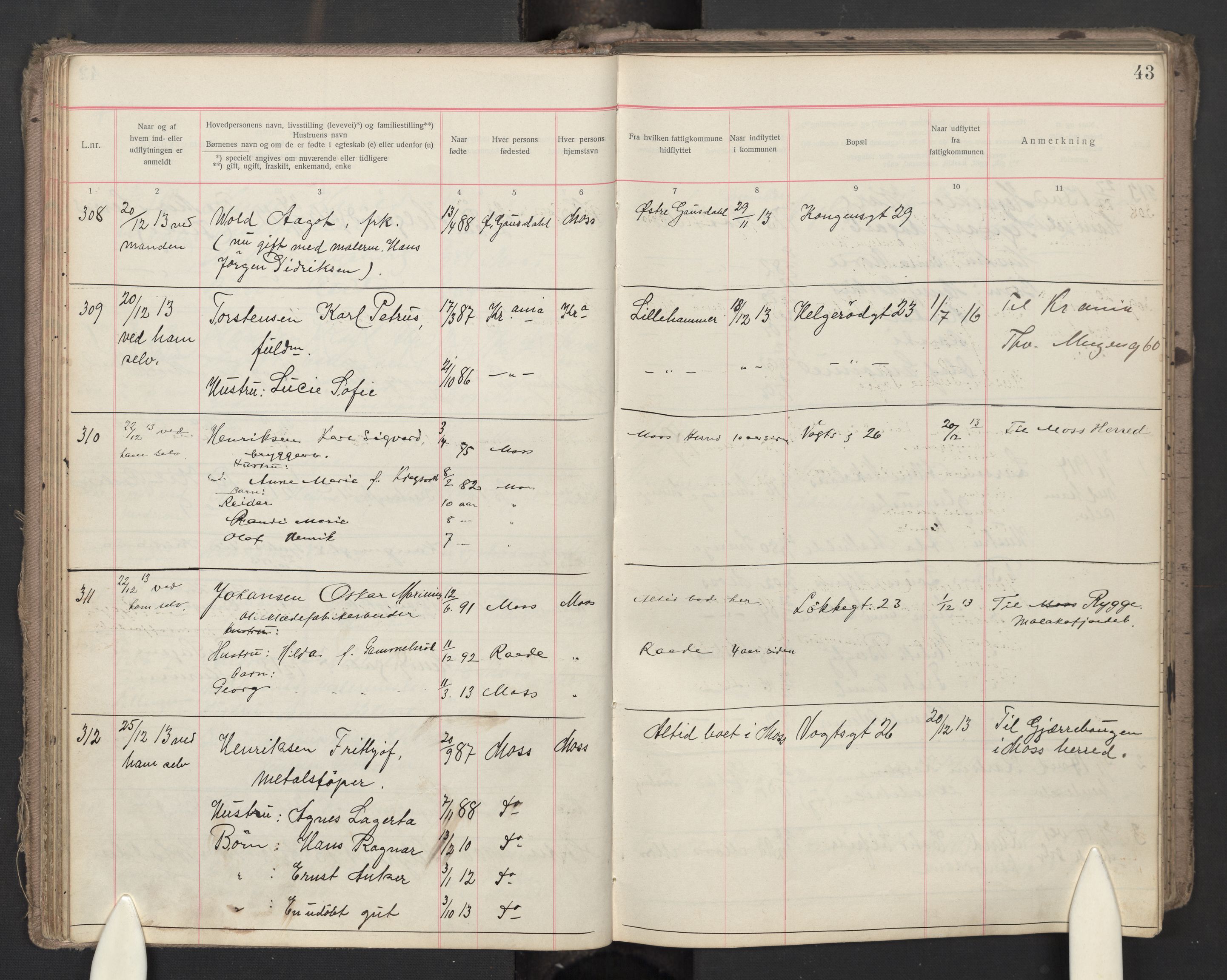 Moss folkeregister, SAO/A-10020/J/L0003: Inn- og utflyttede i Moss fattigkommune, 1913-1917, s. 43