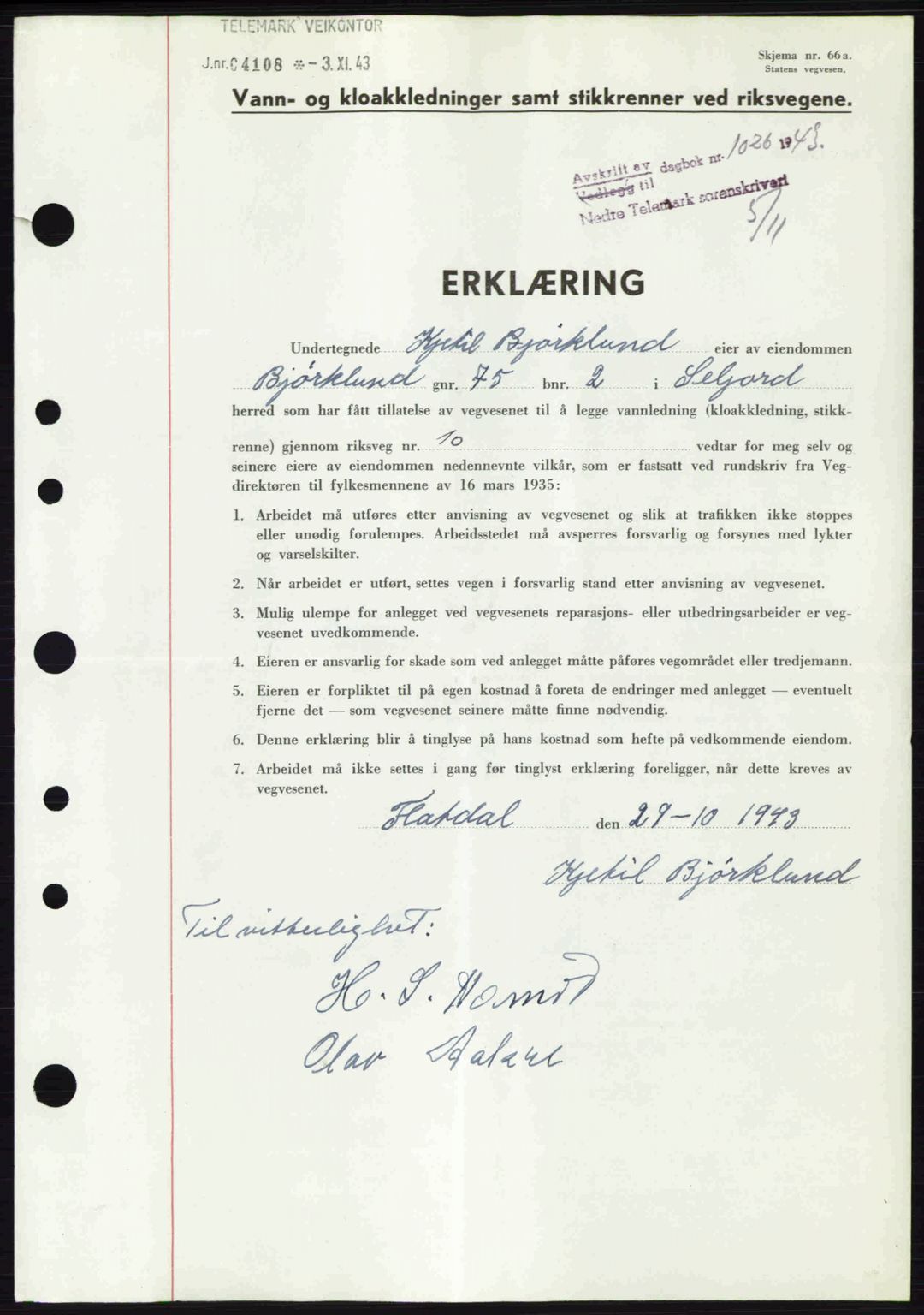 Nedre Telemark sorenskriveri, SAKO/A-135/G/Ga/Gaa/L0051: Pantebok nr. A-51, 1943-1944, Dagboknr: 1026/1943