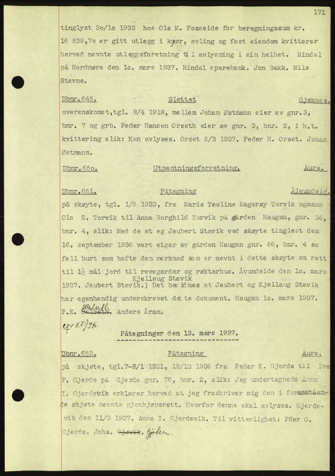 Nordmøre sorenskriveri, SAT/A-4132/1/2/2Ca: Pantebok nr. C80, 1936-1939, Dagboknr: 645/1937