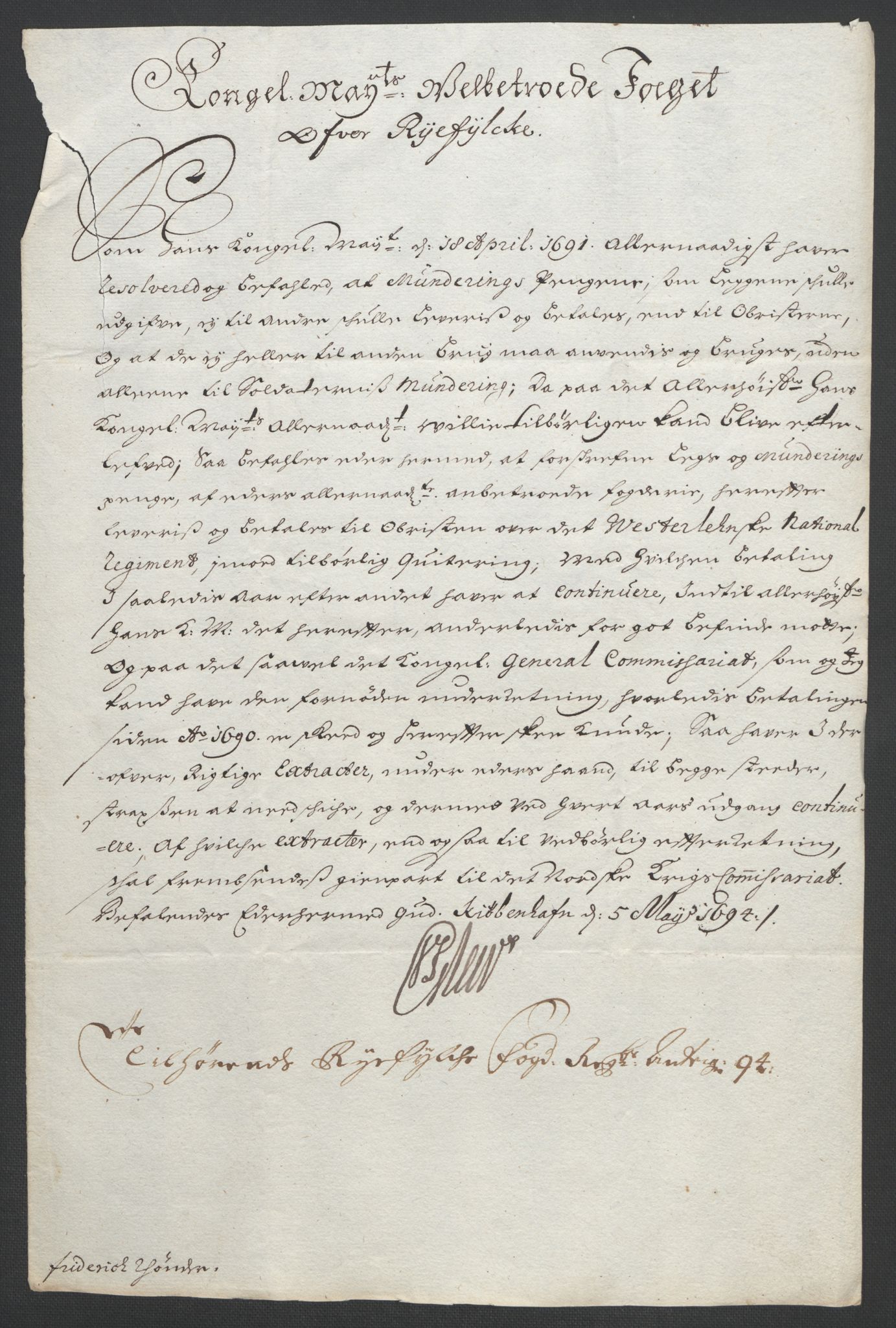 Rentekammeret inntil 1814, Reviderte regnskaper, Fogderegnskap, AV/RA-EA-4092/R47/L2857: Fogderegnskap Ryfylke, 1694-1696, s. 97