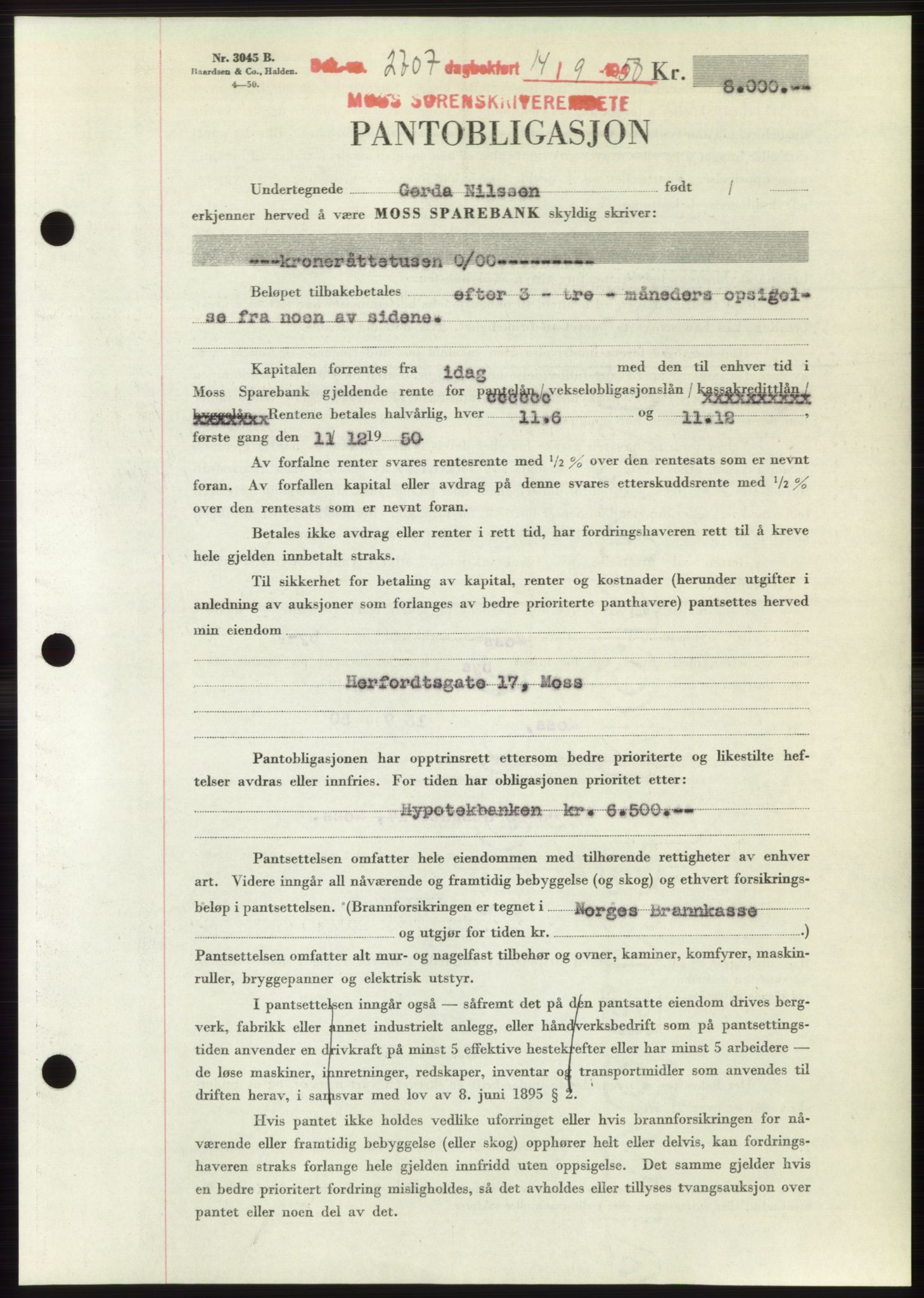 Moss sorenskriveri, SAO/A-10168: Pantebok nr. B25, 1950-1950, Dagboknr: 2707/1950