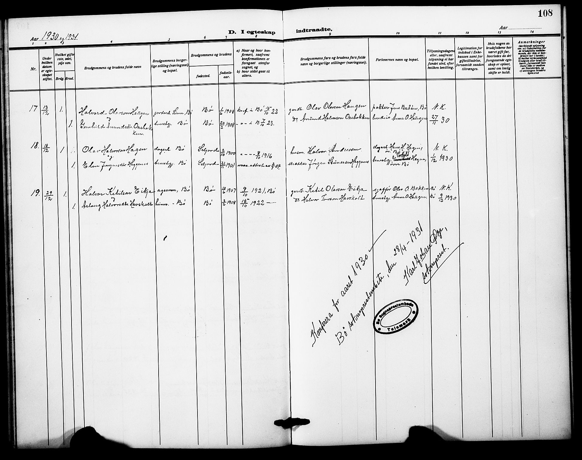 Bø kirkebøker, AV/SAKO-A-257/G/Ga/L0008: Klokkerbok nr. 8, 1920-1930, s. 108