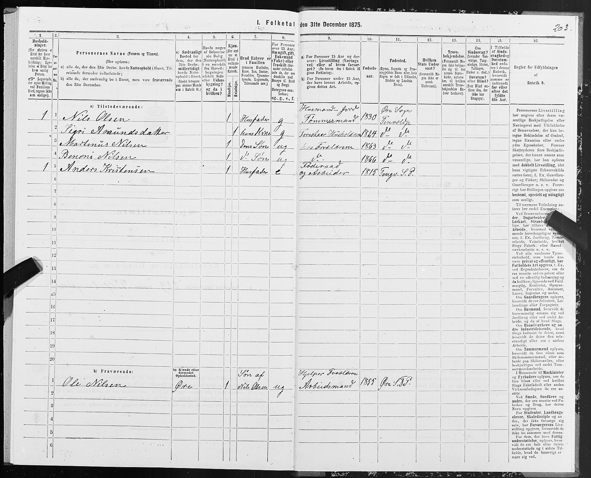 SAT, Folketelling 1875 for 1556L Kristiansund prestegjeld, Frei sokn og Grip sokn, 1875, s. 1203