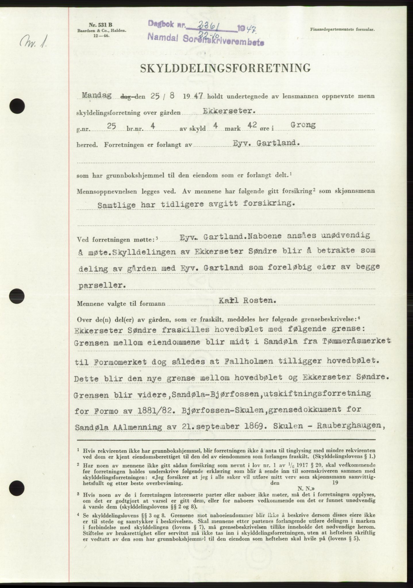 Namdal sorenskriveri, SAT/A-4133/1/2/2C: Pantebok nr. -, 1947-1947, Dagboknr: 2361/1947