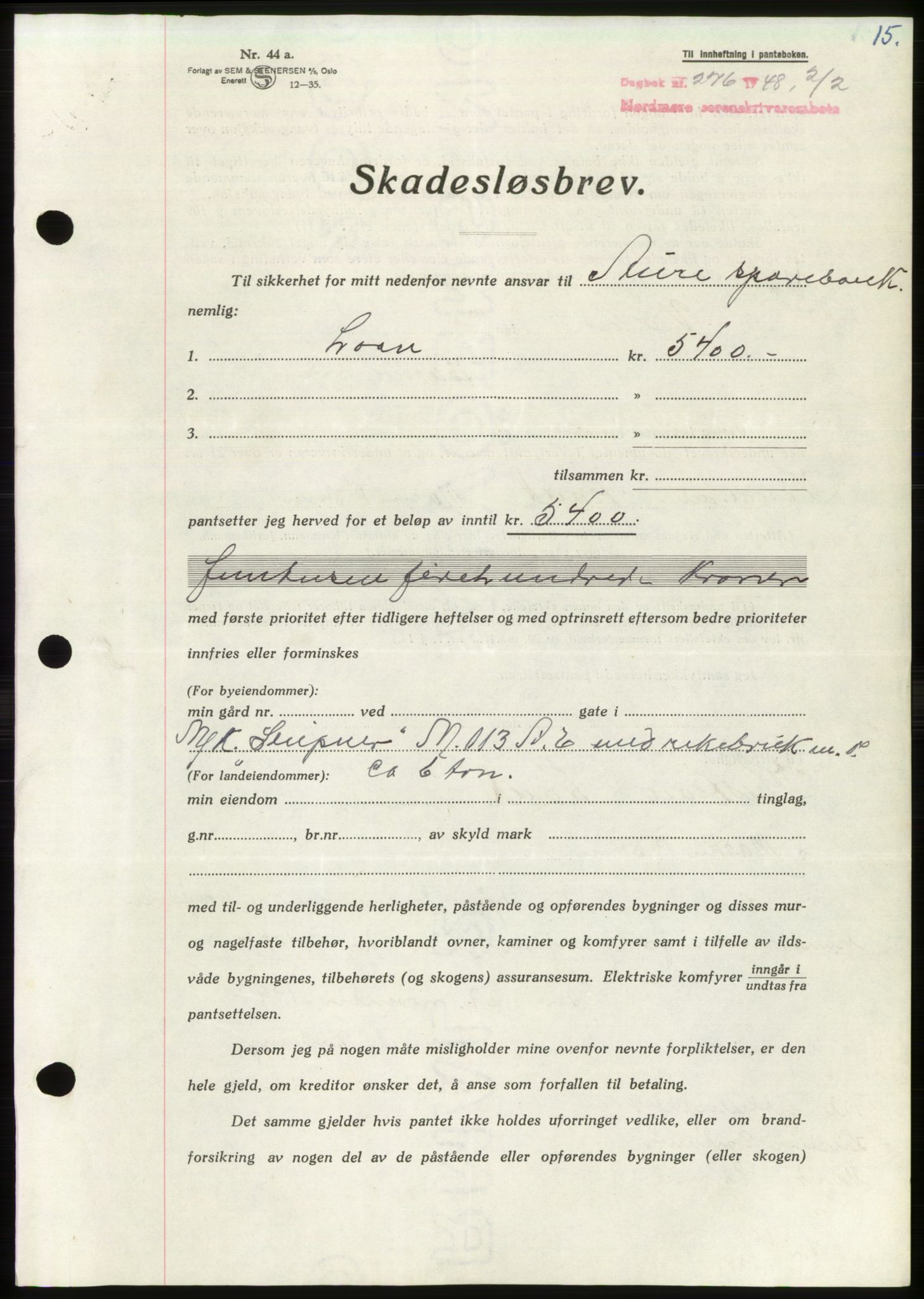 Nordmøre sorenskriveri, SAT/A-4132/1/2/2Ca: Pantebok nr. B98, 1948-1948, Dagboknr: 276/1948