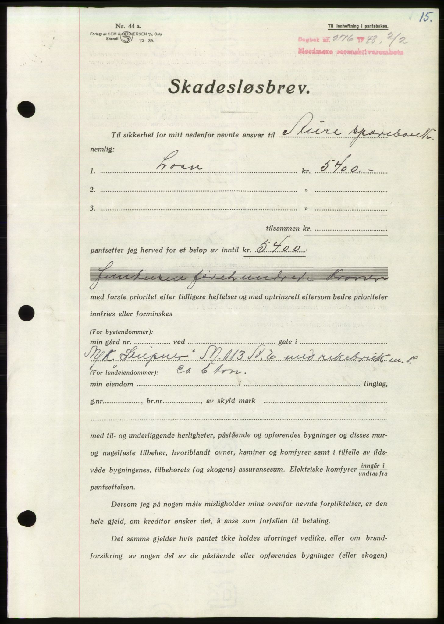 Nordmøre sorenskriveri, AV/SAT-A-4132/1/2/2Ca: Pantebok nr. B98, 1948-1948, Dagboknr: 276/1948