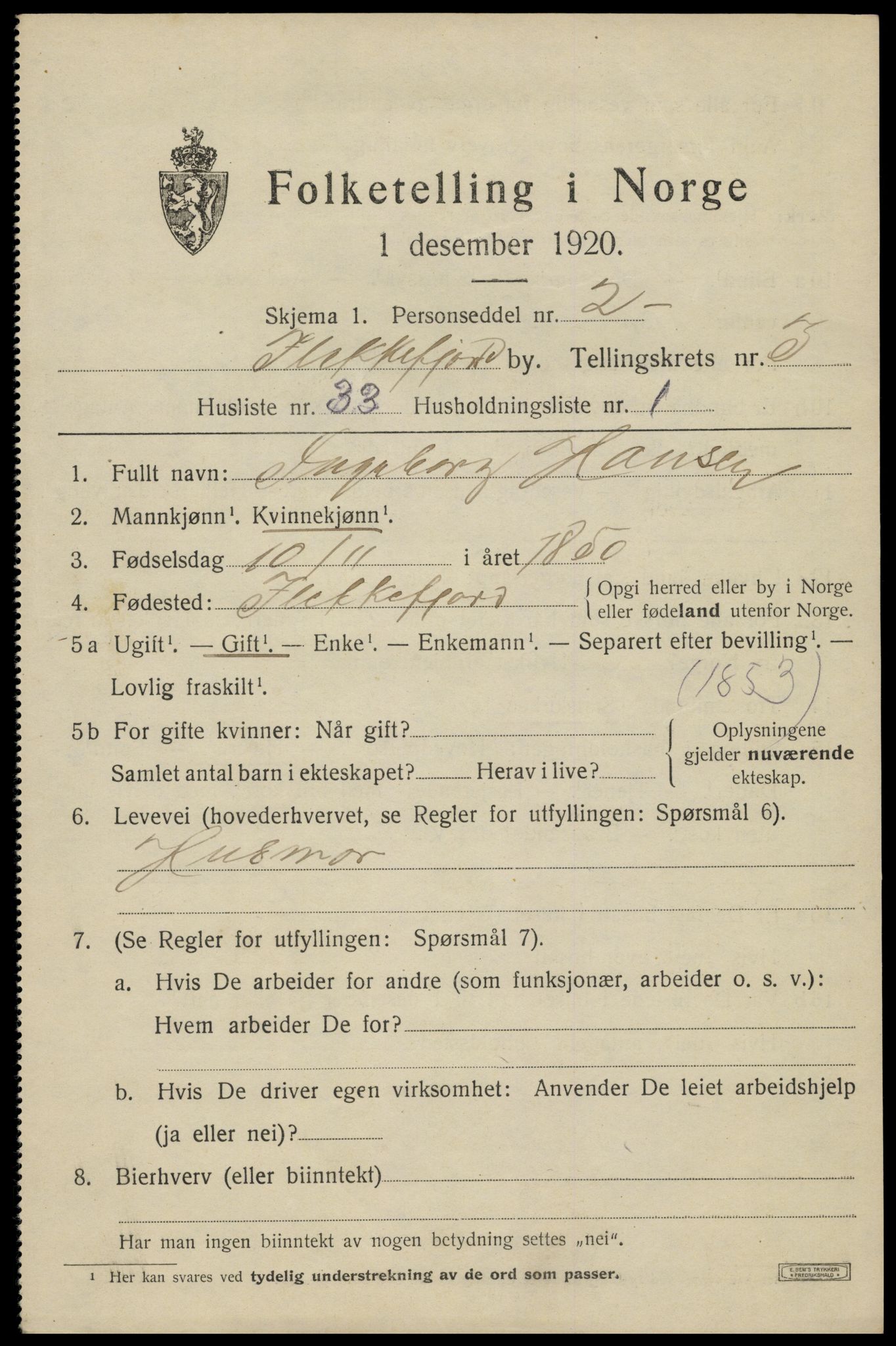 SAK, Folketelling 1920 for 1004 Flekkefjord kjøpstad, 1920, s. 3794