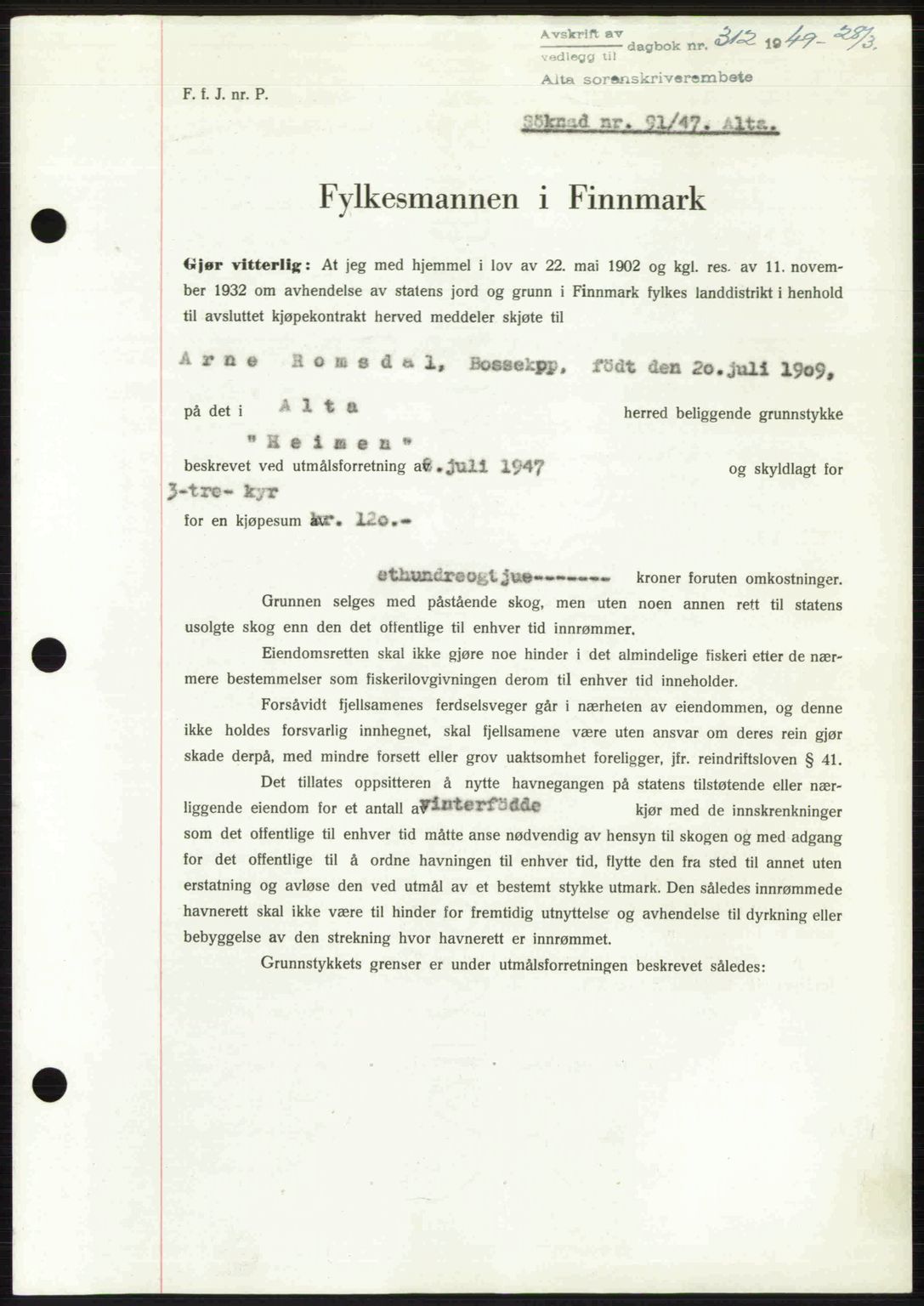 Alta fogderi/sorenskriveri, AV/SATØ-SATØ-5/1/K/Kd/L0037pantebok: Pantebok nr. 39-40, 1948-1949, Dagboknr: 312/1949