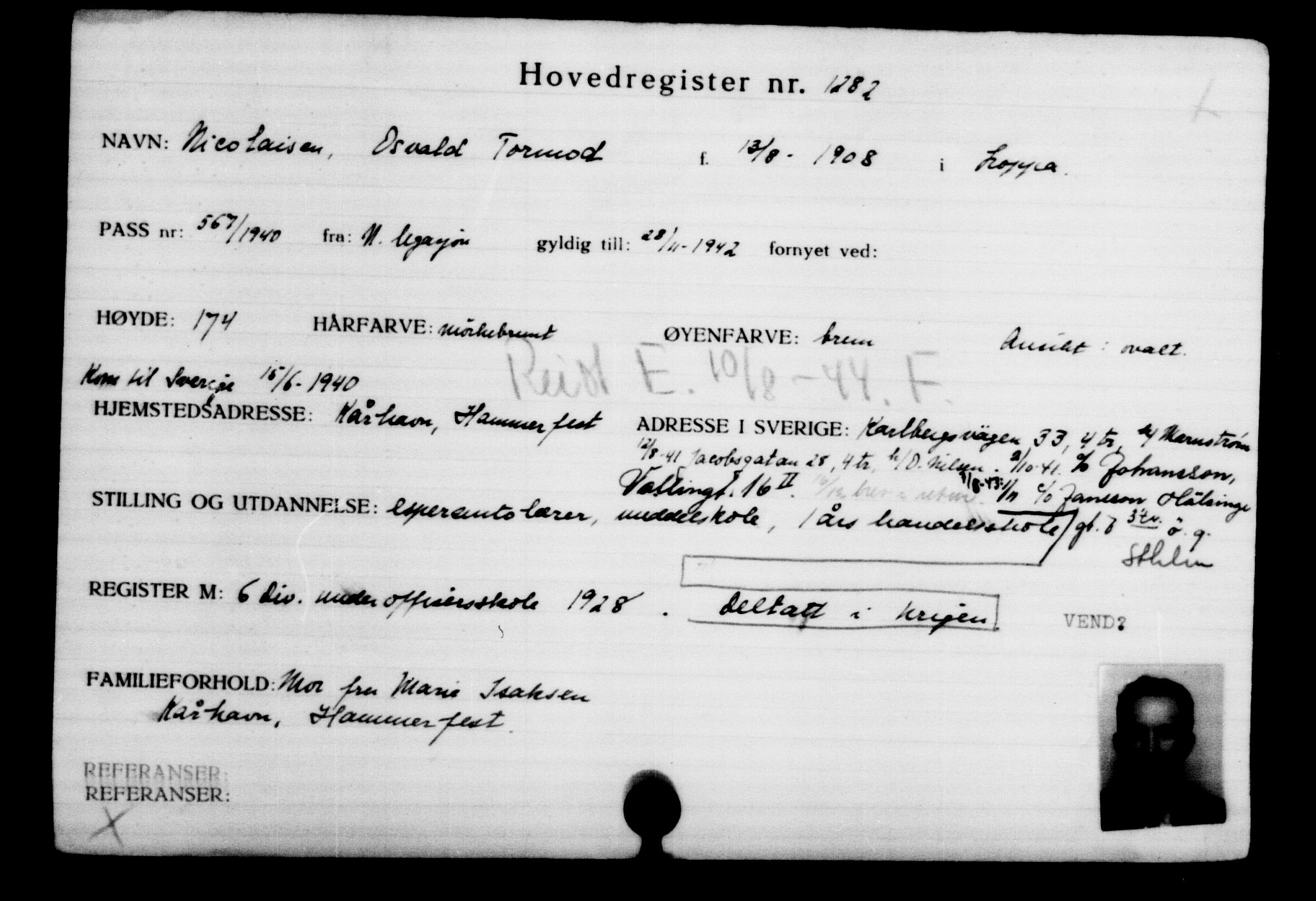 Utenriksstasjonene, Legasjonen i Stockholm, Flyktningkontoret, AV/RA-S-6753/V/Va/L0002: Kjesäterkartoteket, flyktninger med registreringsnr. 1001-2000, 1940-1945, s. 407