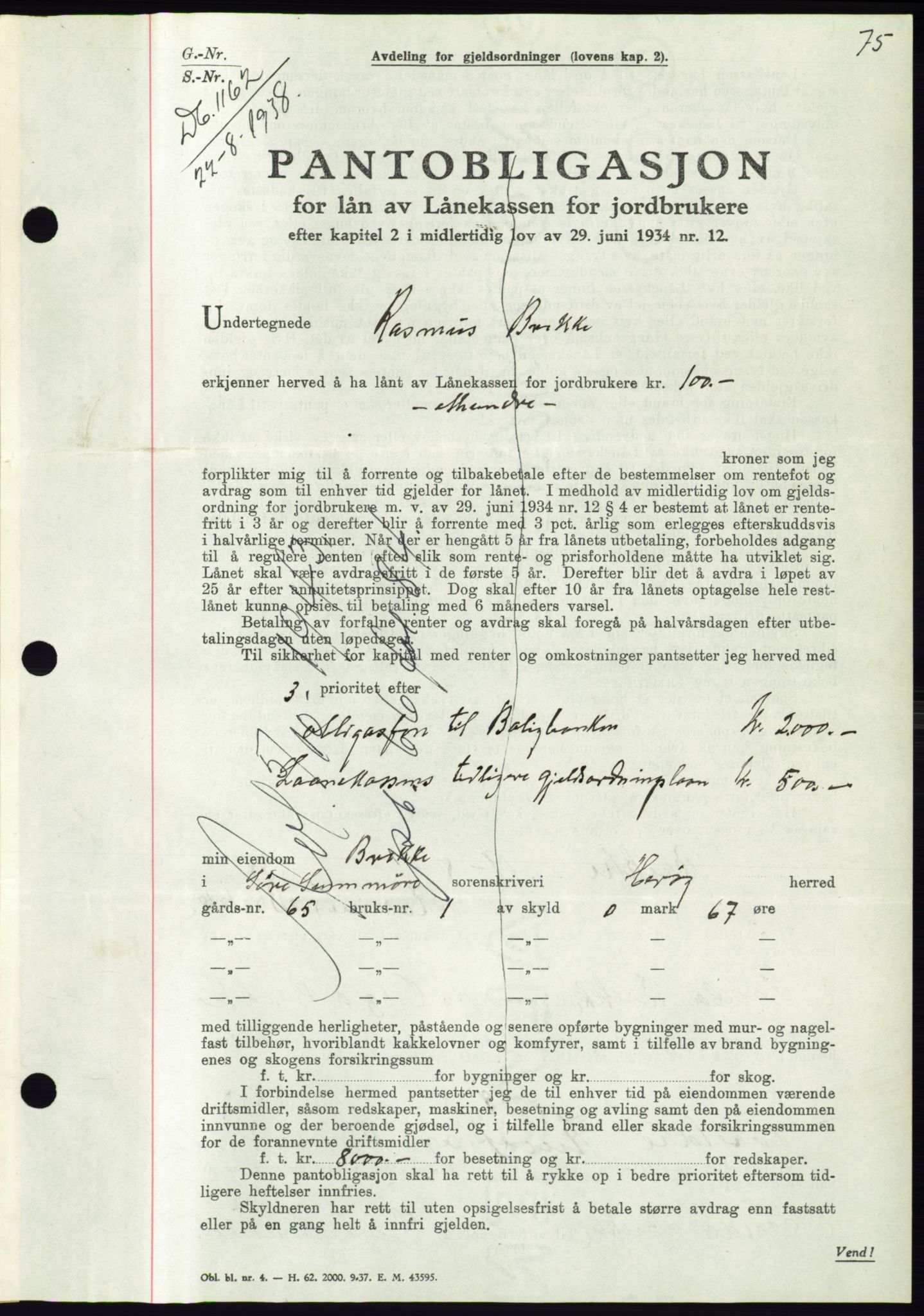 Søre Sunnmøre sorenskriveri, AV/SAT-A-4122/1/2/2C/L0066: Pantebok nr. 60, 1938-1938, Dagboknr: 1162/1938