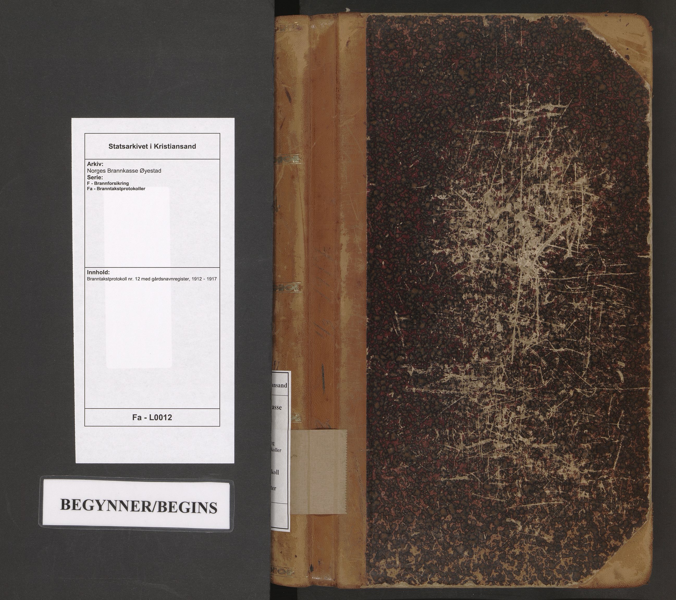 Norges Brannkasse Øyestad, AV/SAK-2241-0059/F/Fa/L0012: Branntakstprotokoll nr. 12 med gårdsnavnregister, 1912-1917
