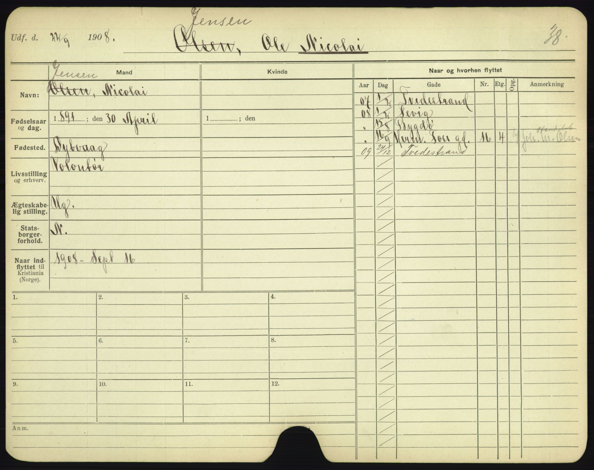 Oslo folkeregister, Registerkort, AV/SAO-A-11715/F/Fa/Fac/L0005: Menn, 1906-1914, s. 354a