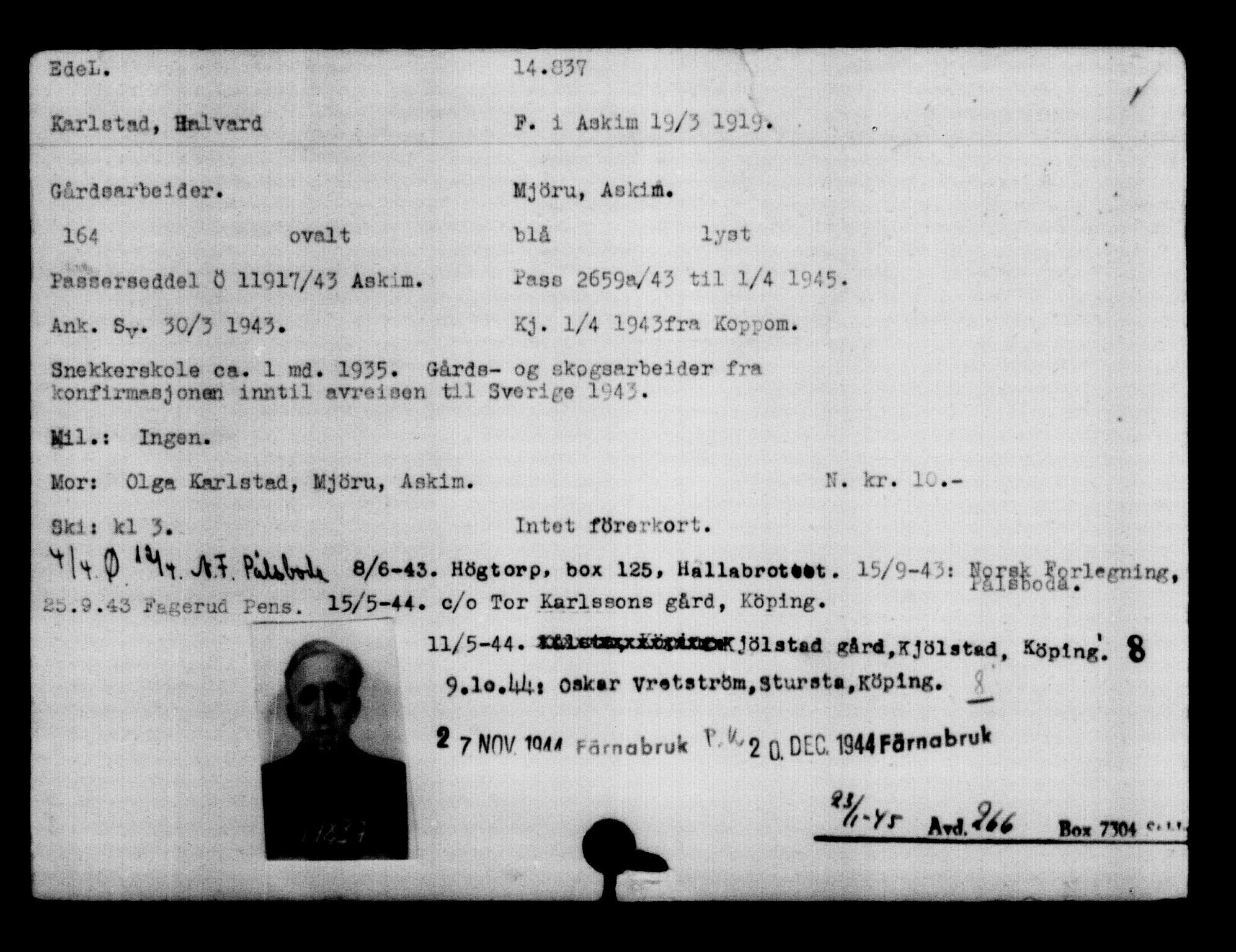 Den Kgl. Norske Legasjons Flyktningskontor, AV/RA-S-6753/V/Va/L0007: Kjesäterkartoteket.  Flyktningenr. 12700-15723, 1940-1945, s. 2464