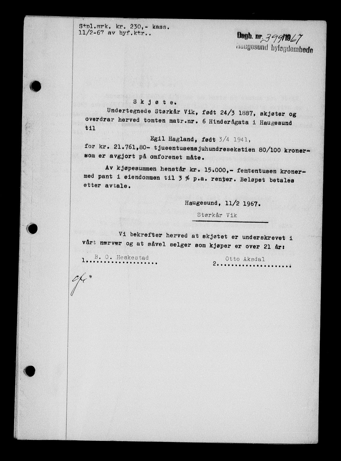 Haugesund tingrett, SAST/A-101415/01/II/IIC/L0078: Pantebok nr. A 19, 1967-1967, Dagboknr: 399/1967